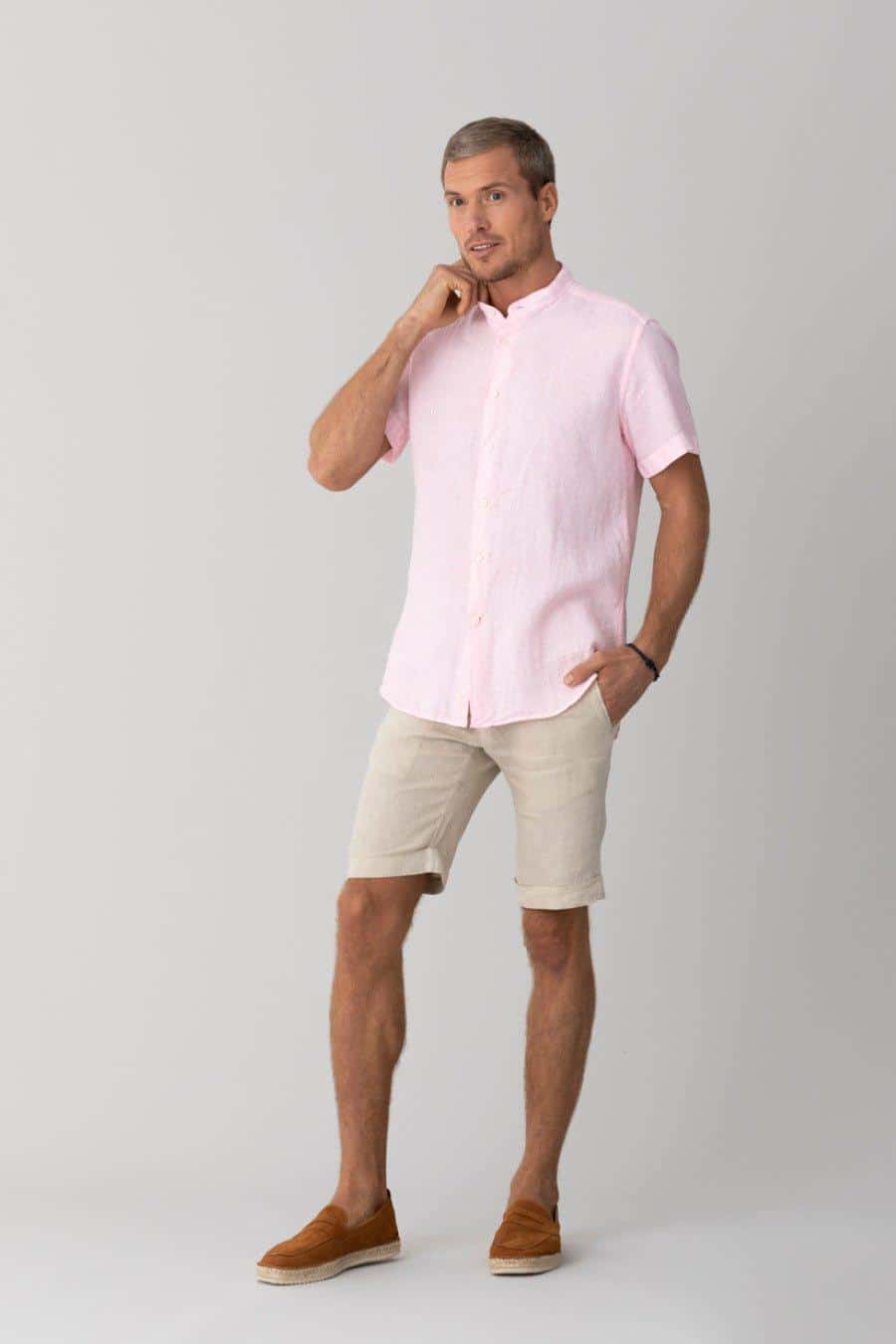 men’s linen shirt mao pink basic