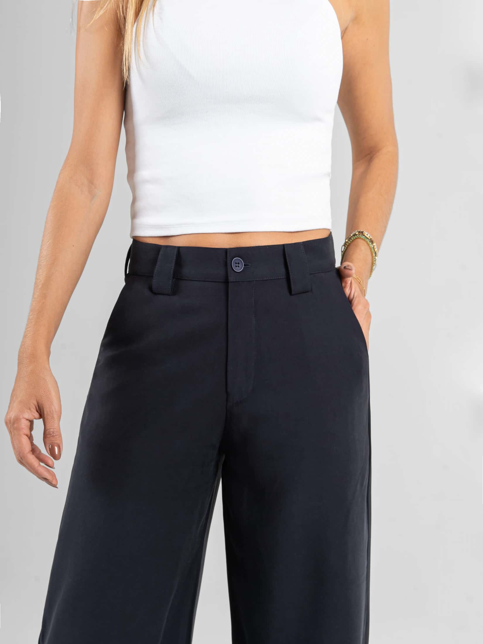 Ref: 0620604 Pantalón palazzo, tejido plano liviano, tiro alto, tono azul oscuro - miniatura 3
