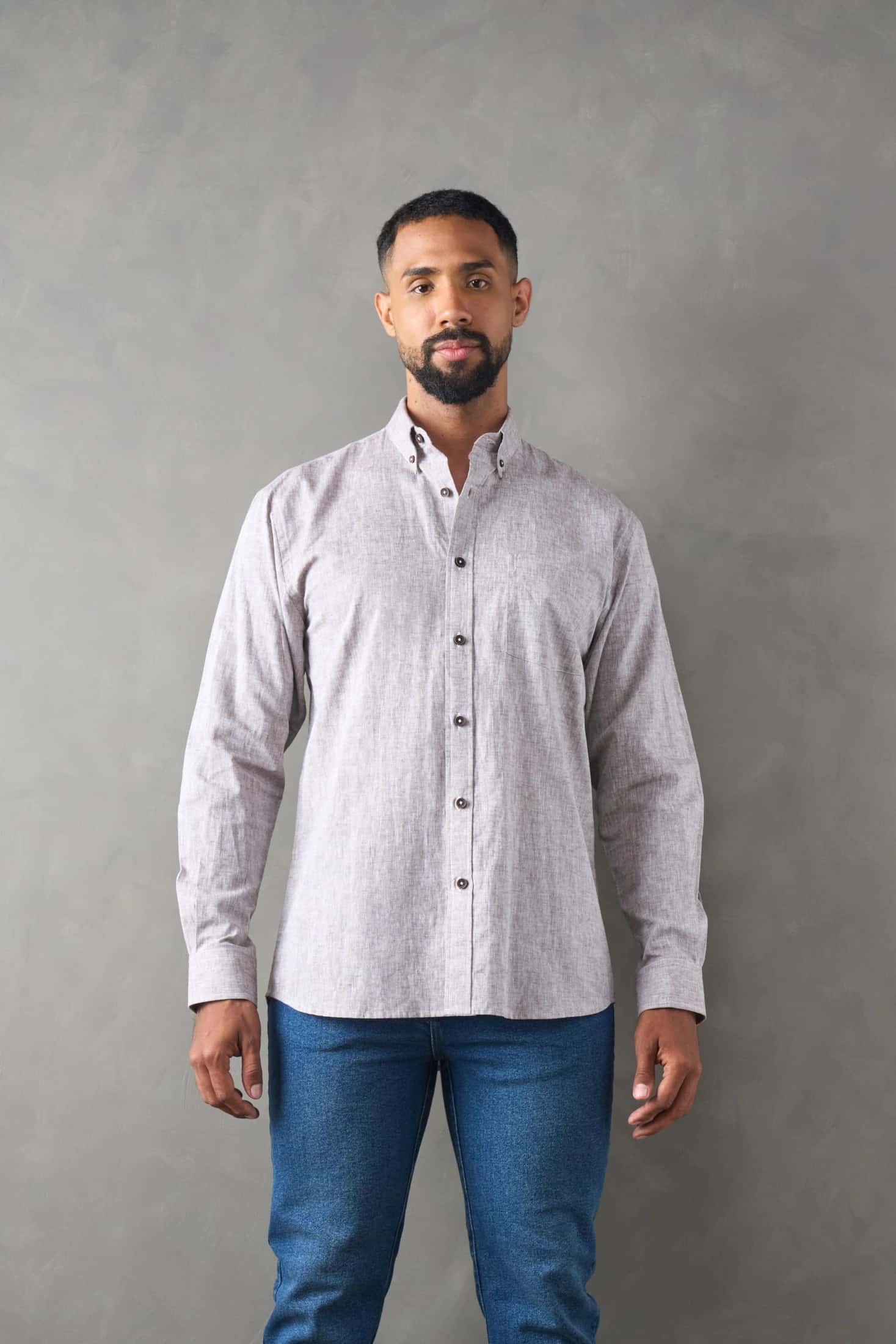 Camisa manga larga regular fit café Lino / Algodón