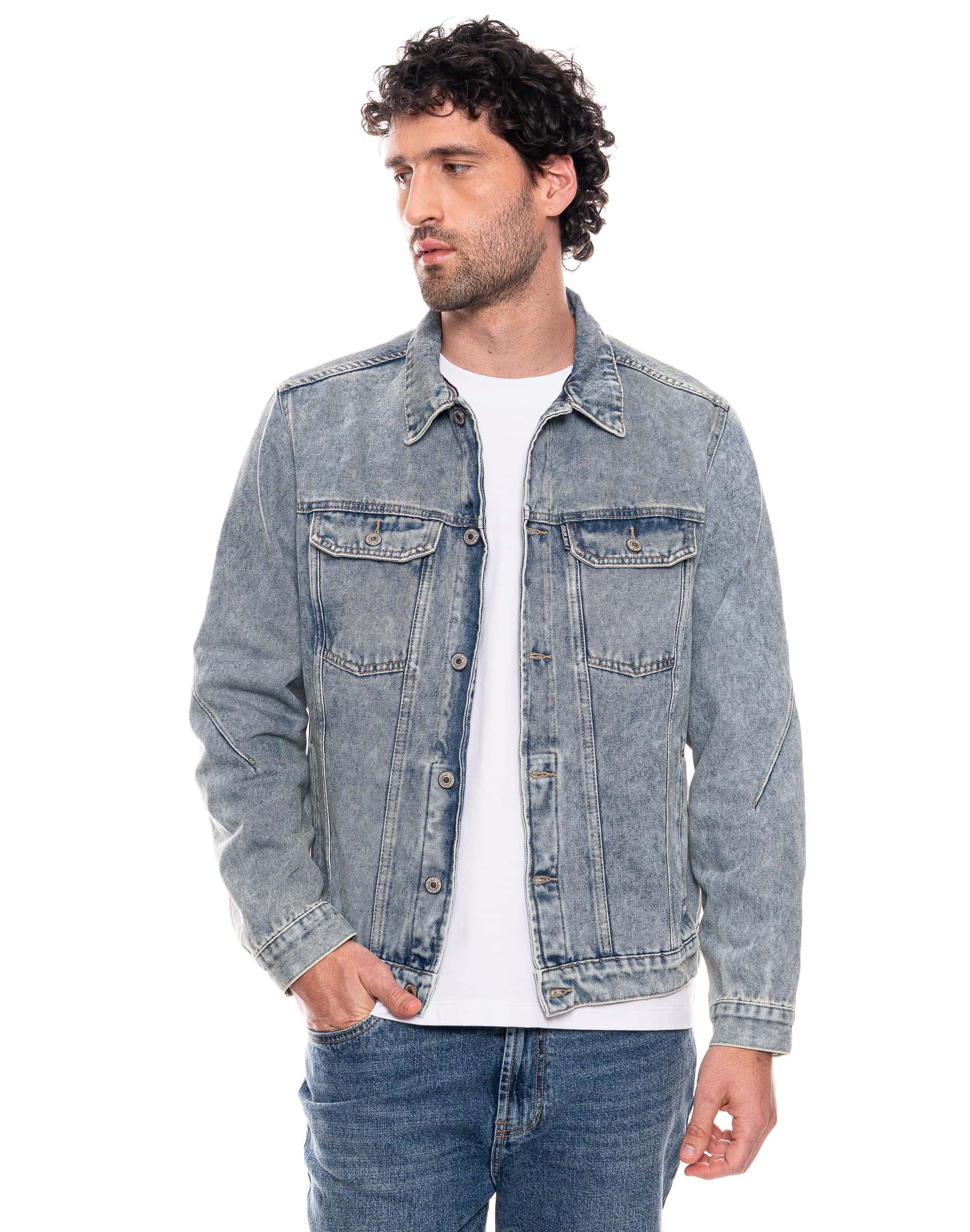 Chaqueta En Denim Tono Medio Claro Con Cortes En Manga