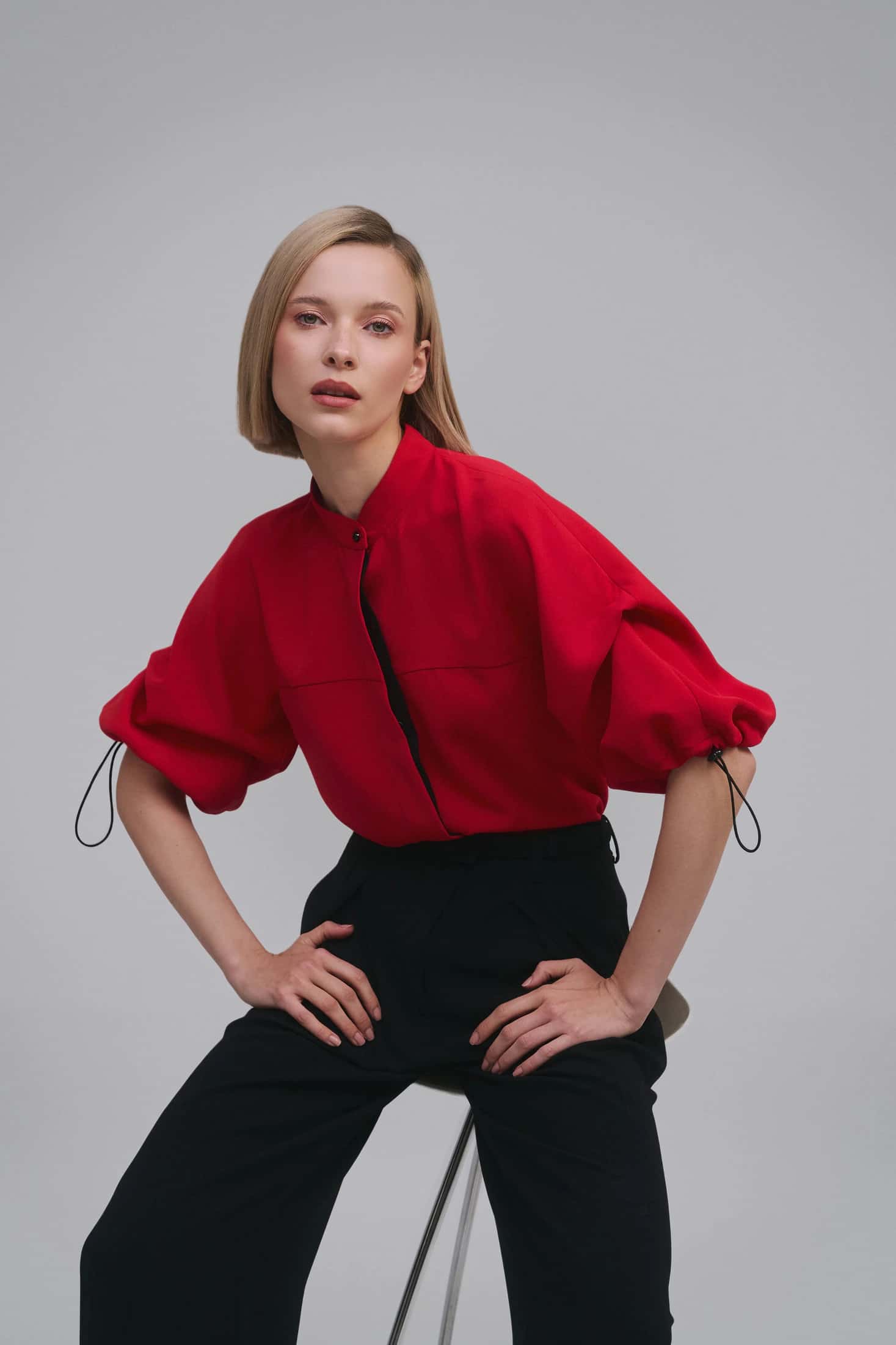 Nehru-Collar Kimono-Sleeve Blouse