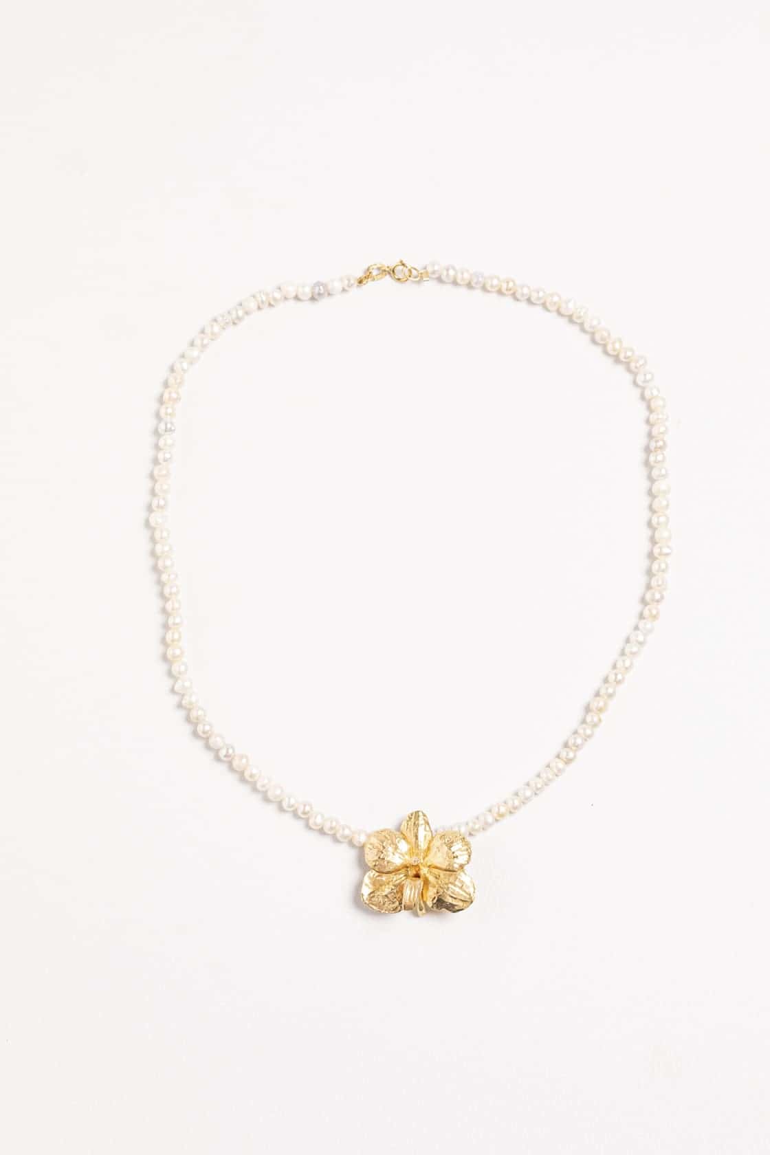 18K GOLD VANDA MINI ORCHID AND WATER PEARL NECKLACE