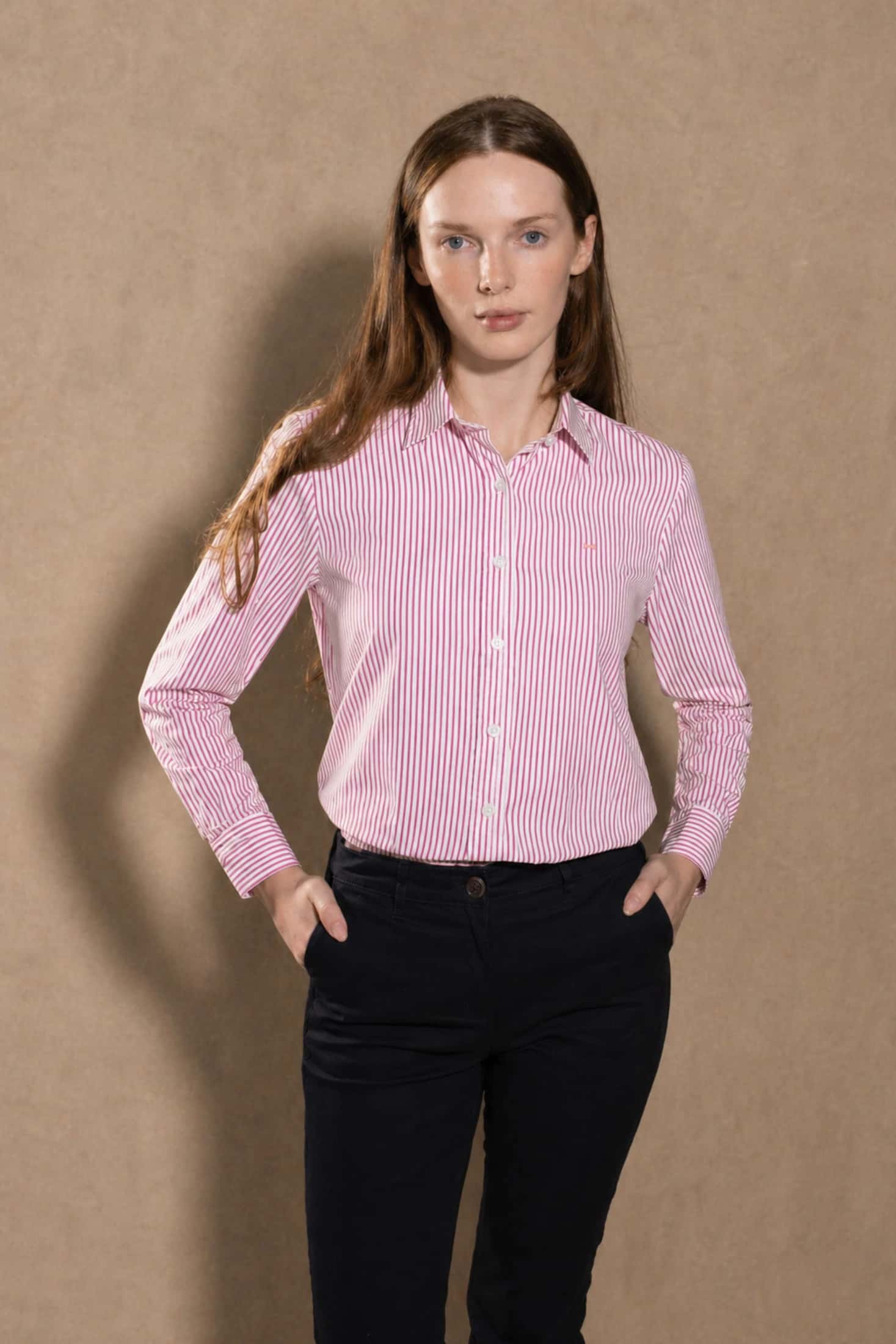 Camisa Antimanchas de Mujer Popelina Rayas Rosadas