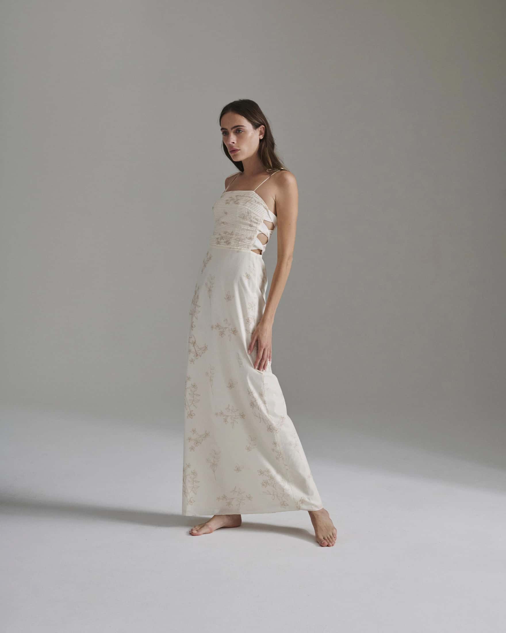 Tejada Pleated Cotton Midi Dress / Ivory Guayacan