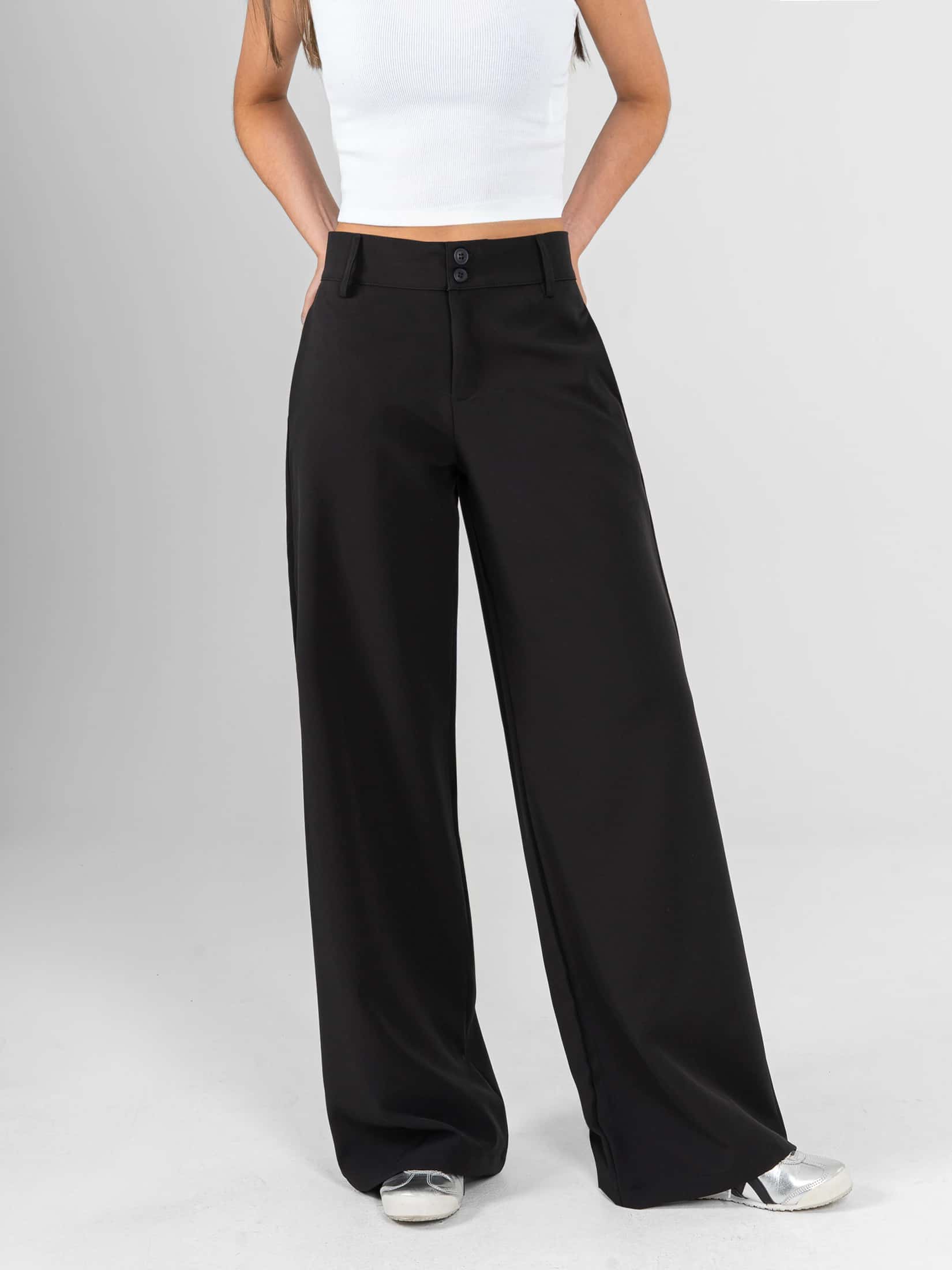Ref: 0620614 Pantalón palazzo, tiro alto, tejido plano liviano, stretch, tono negro - miniatura 1