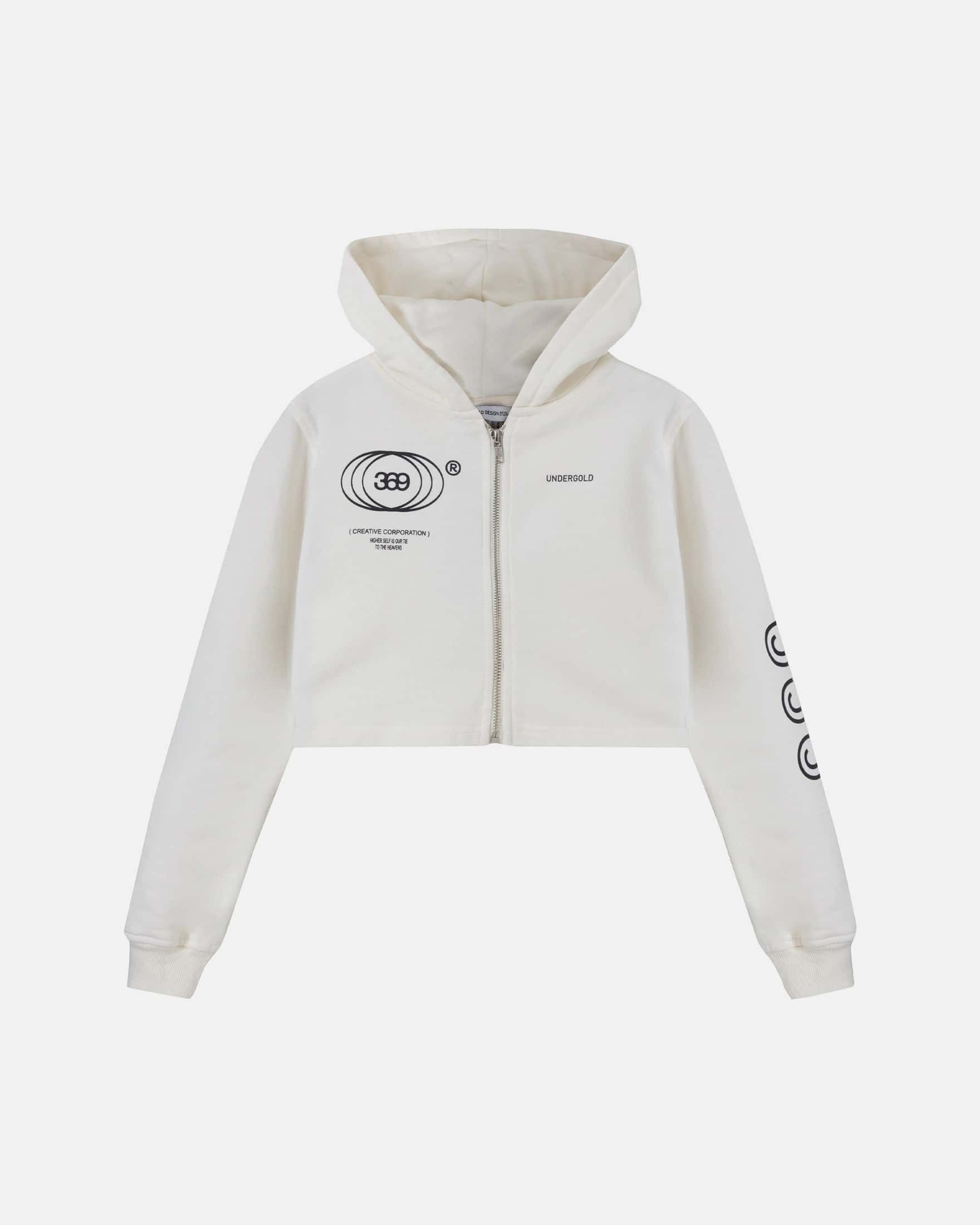 W Golden Heritage Slim Fit Zip Up Cropped Hoodie White