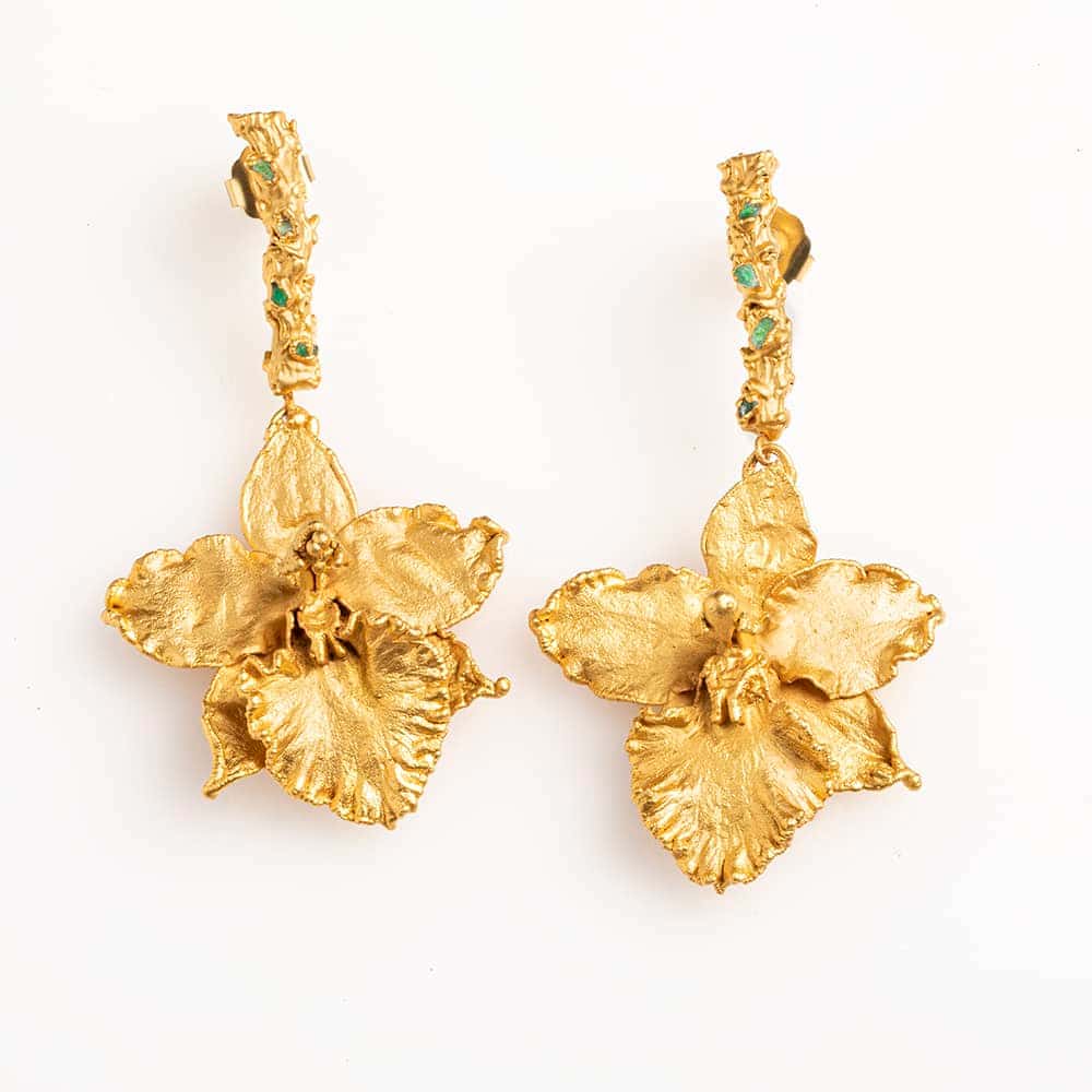 Wilsonara Orchids, Root and Roug Emerald Earrings