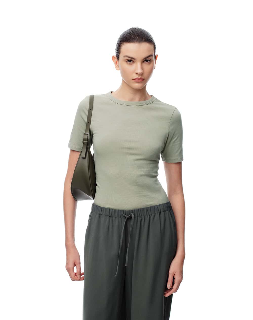 Camiseta slim rib algodón verde mujer