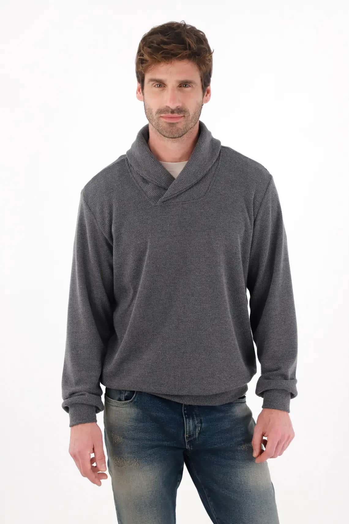 Buzo tejido con cuello cruzado azul para hombre