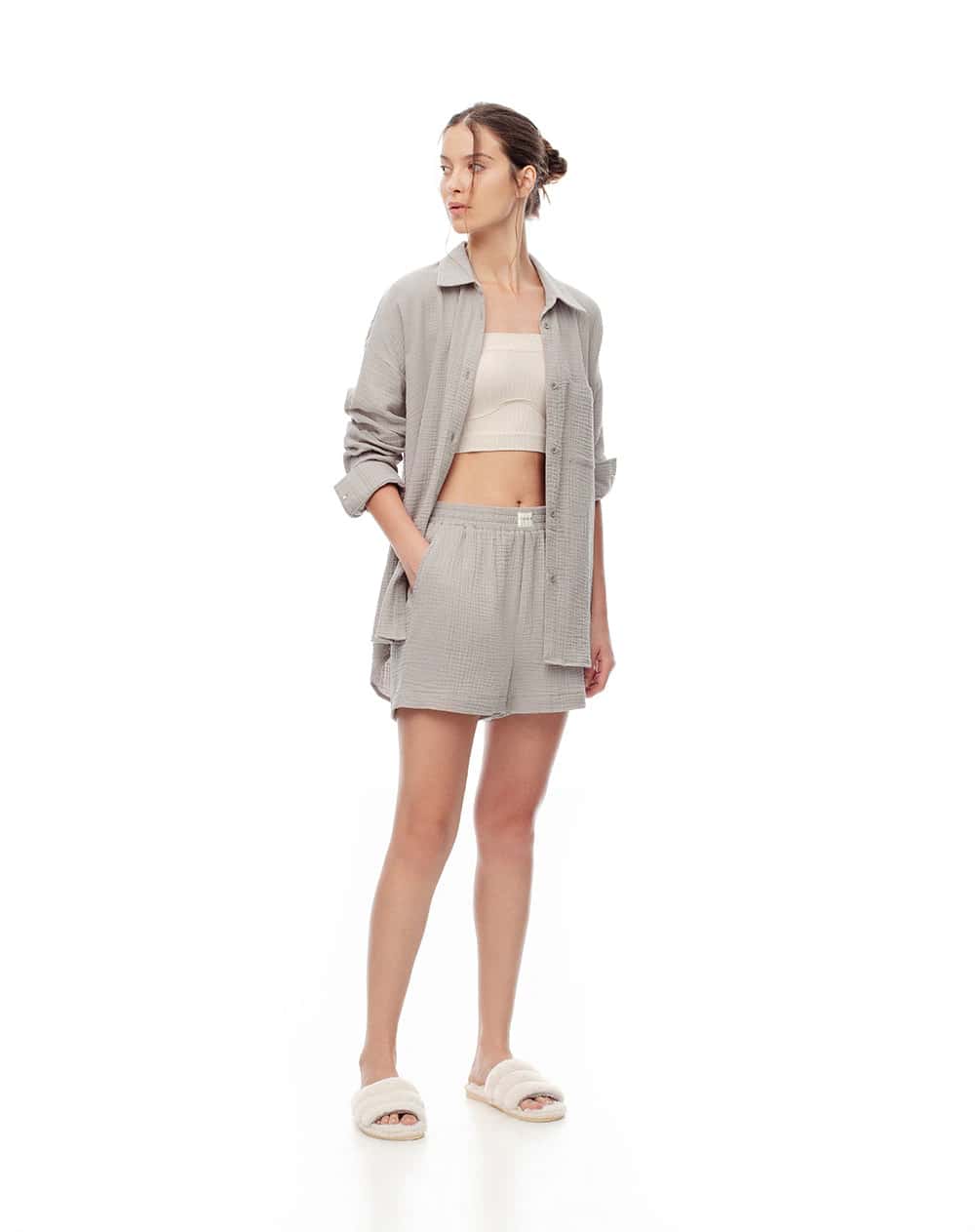 Short relax tiro alto texturizado taupe mujer