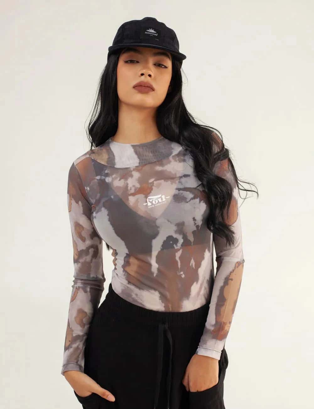 Crop Top Largo Mesh Manga Larga Butterfly verde militar Mujer