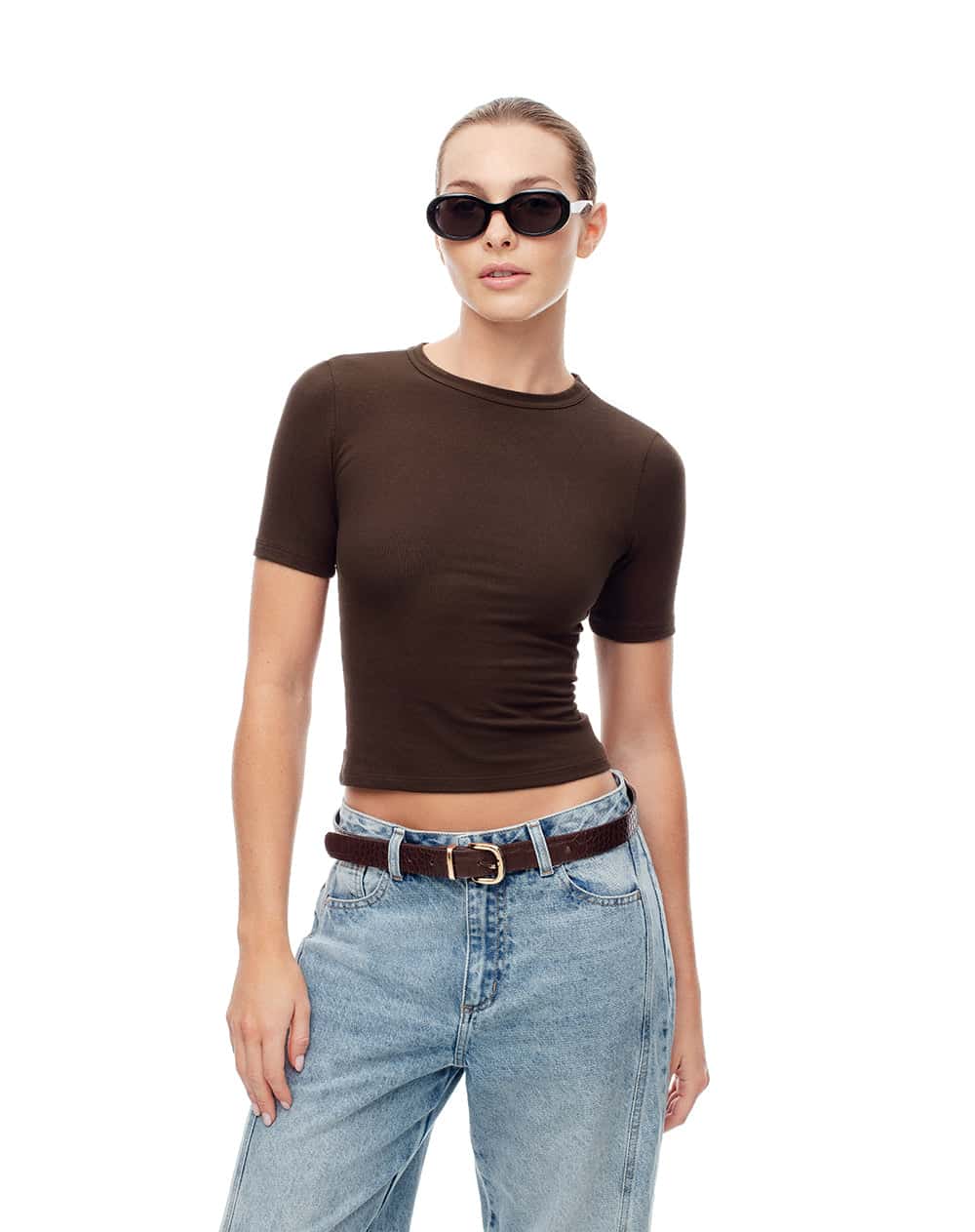 Camiseta slim rib algodón chocolate mujer