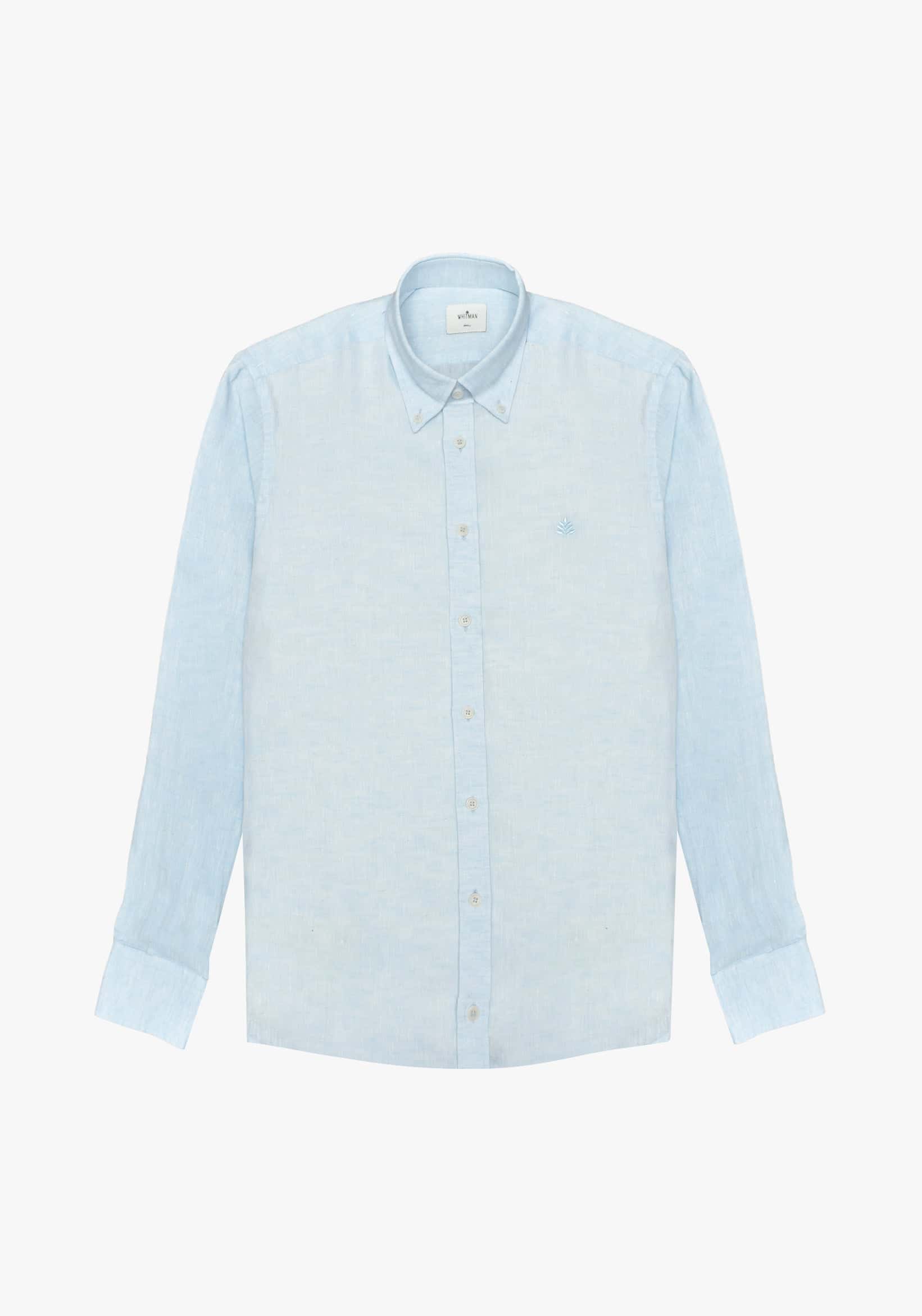 Camisa Lino Cuello Button Down Azul Celeste - miniatura 1