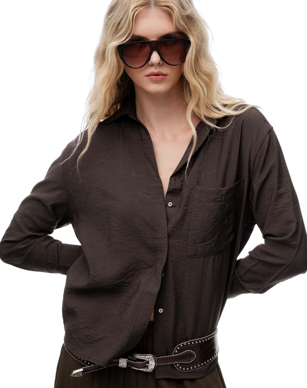Camisa regular manga larga chocolate mujer