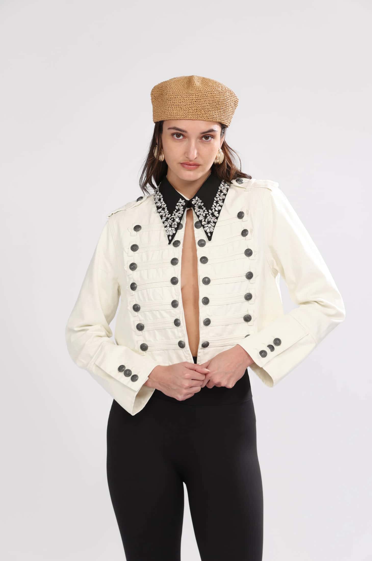 DENIM NAPOLEON JACKET, WHITE