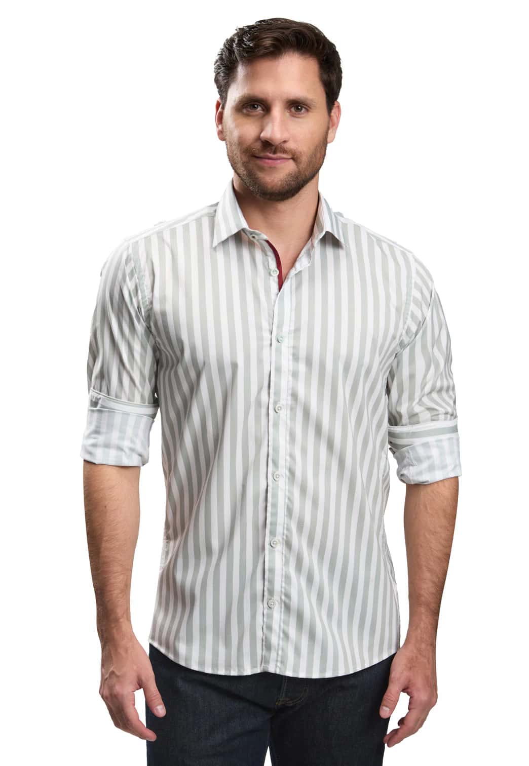 Camisa casual slim fit blanca a rayas verdes