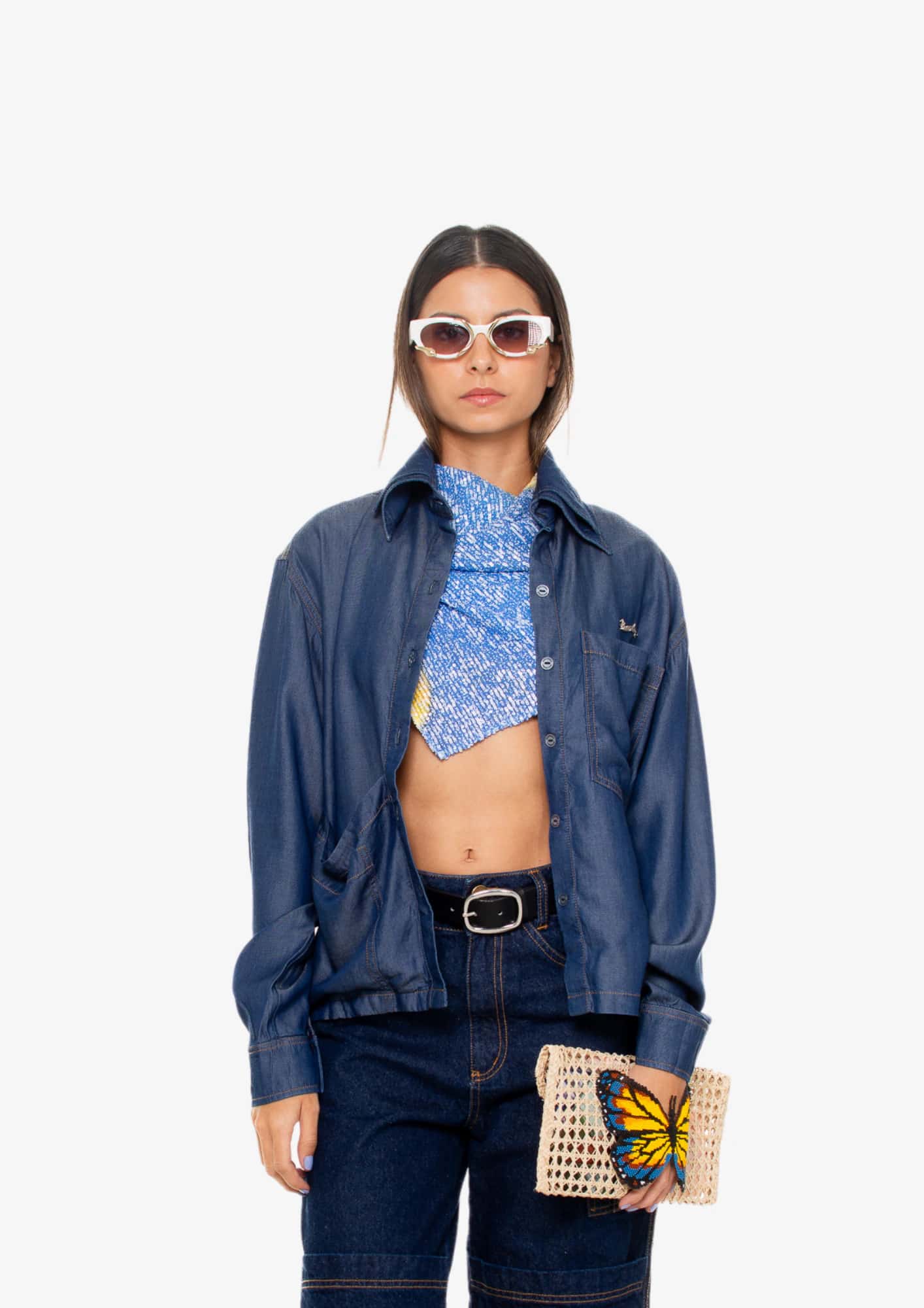 Dark-Wash Long-Sleeve Double Neck Shirt