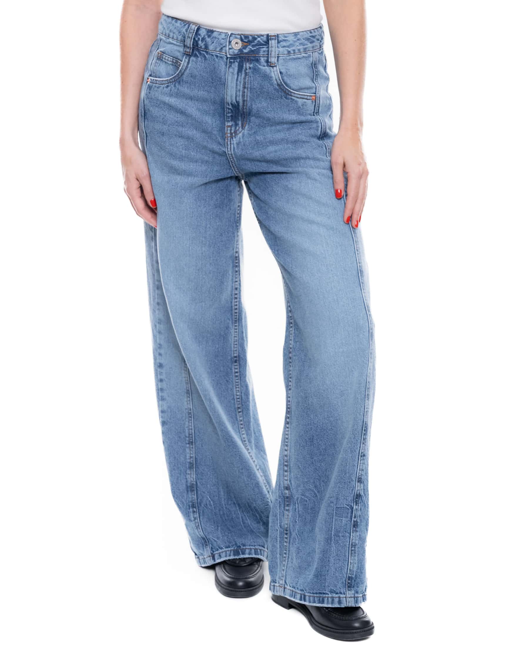High Waist Wide Leg Jeans Tono Medio