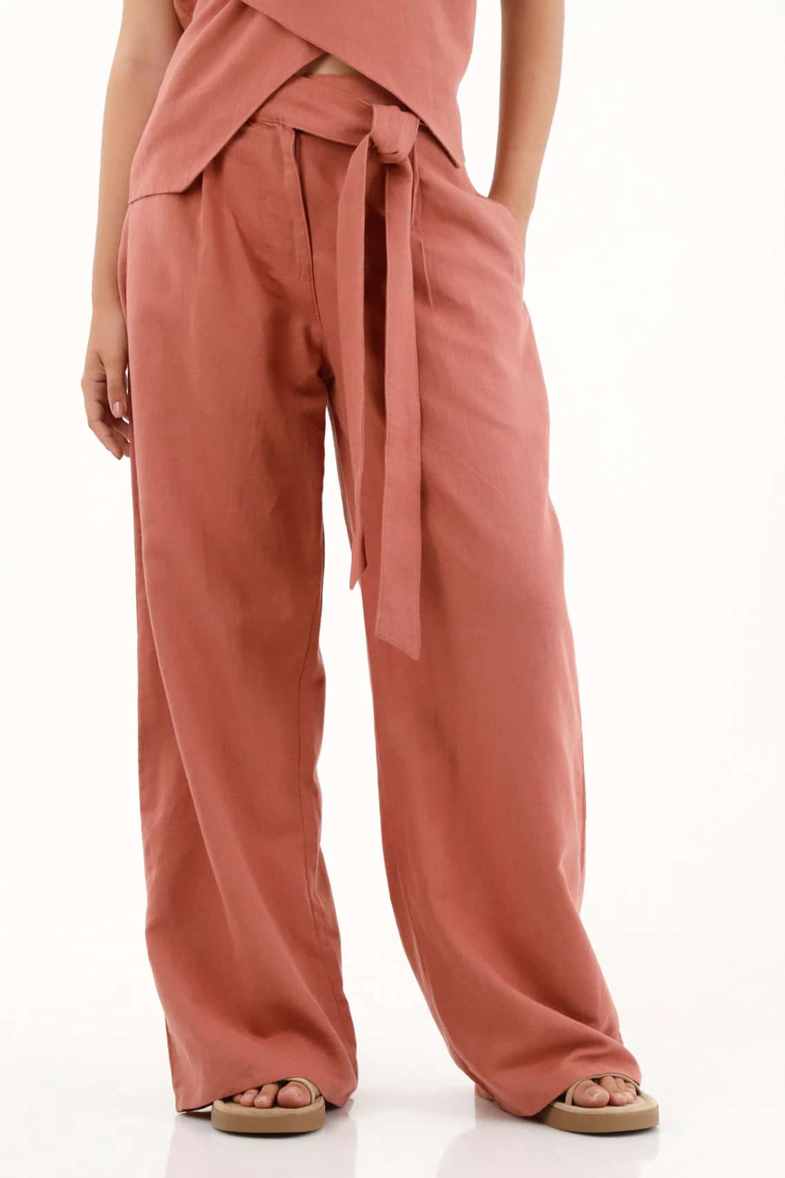 Pantalón Recto con ajuste en costado naranja para mujer