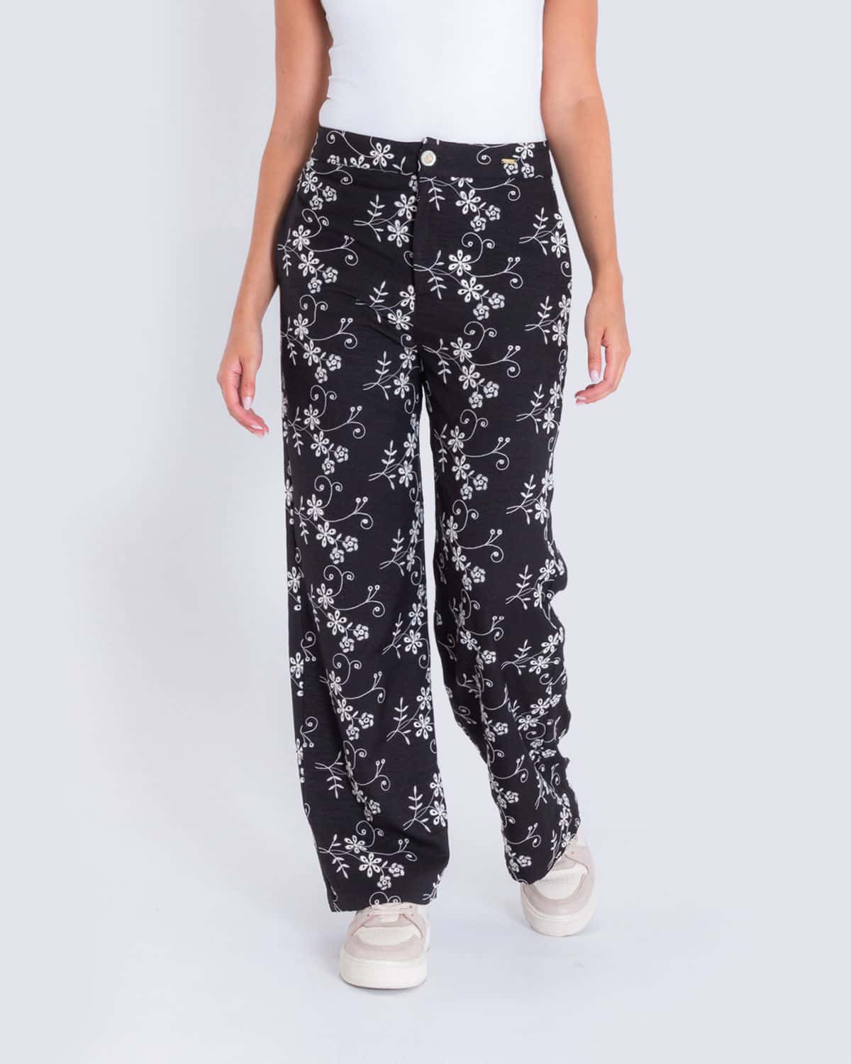 Pantalon recto negro bordado para mujer