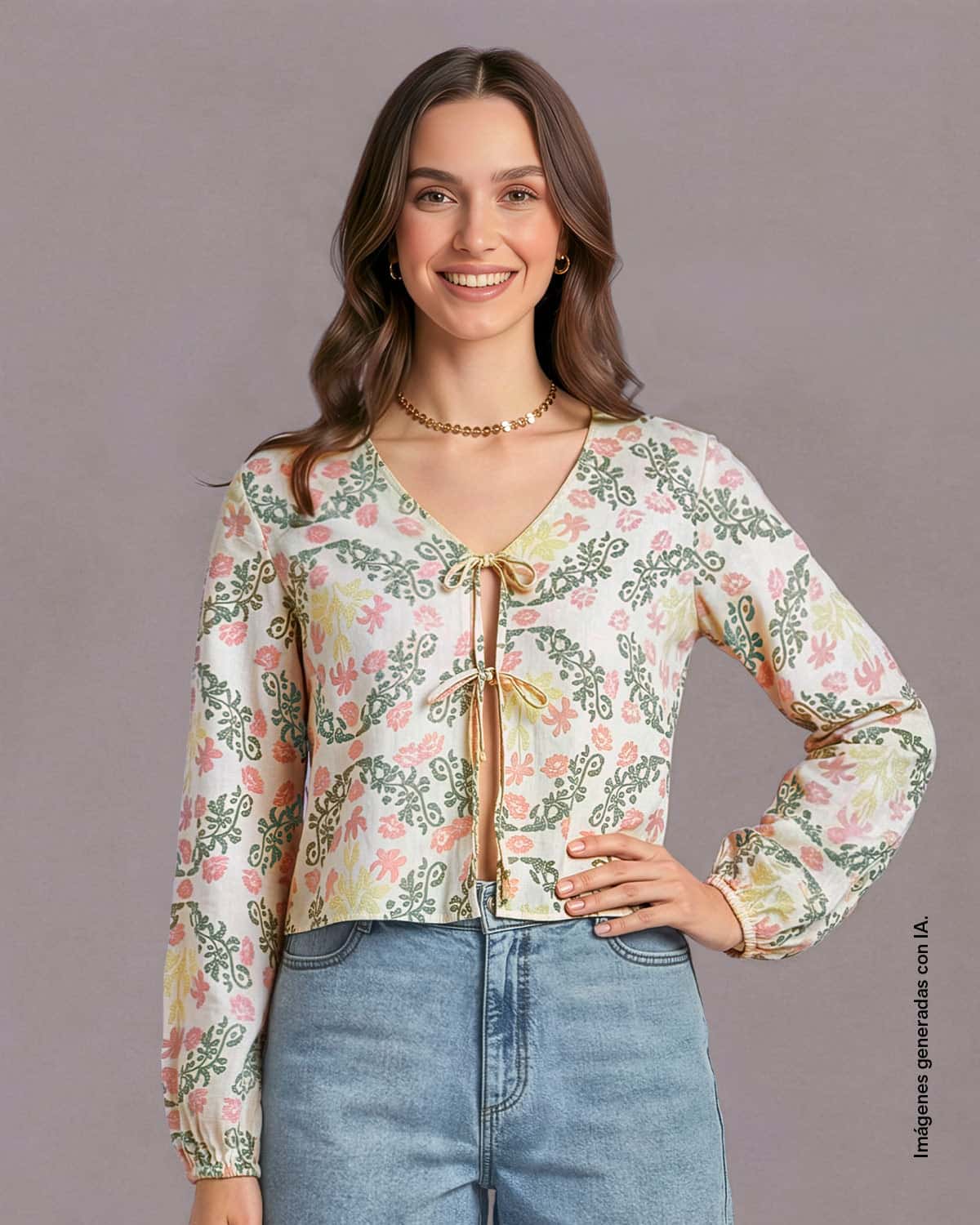 Blusa manga larga con tiras anudables en frente