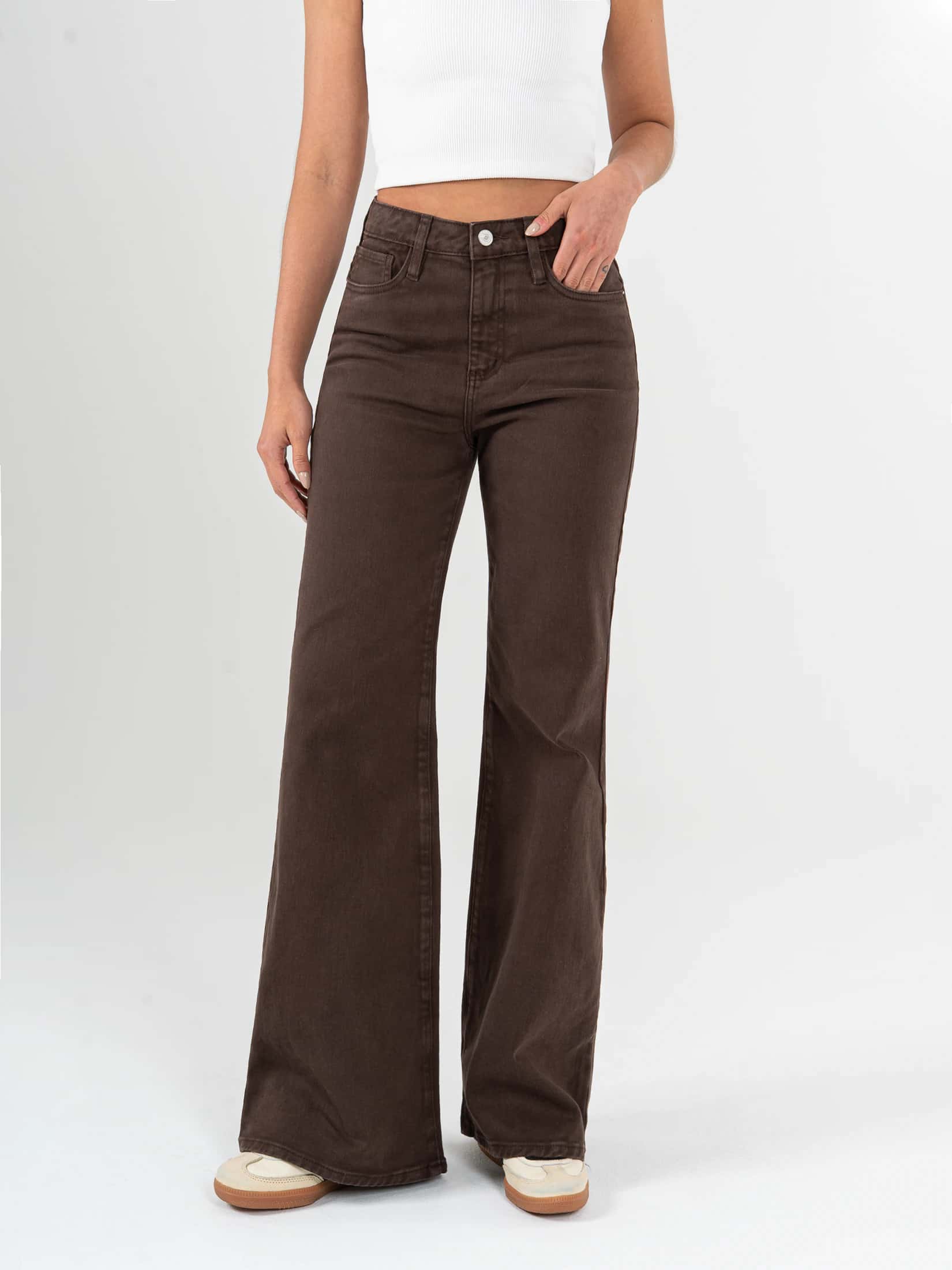 Ref: 069842 Pantalón palazzo stretch, tiro alto, tono café.