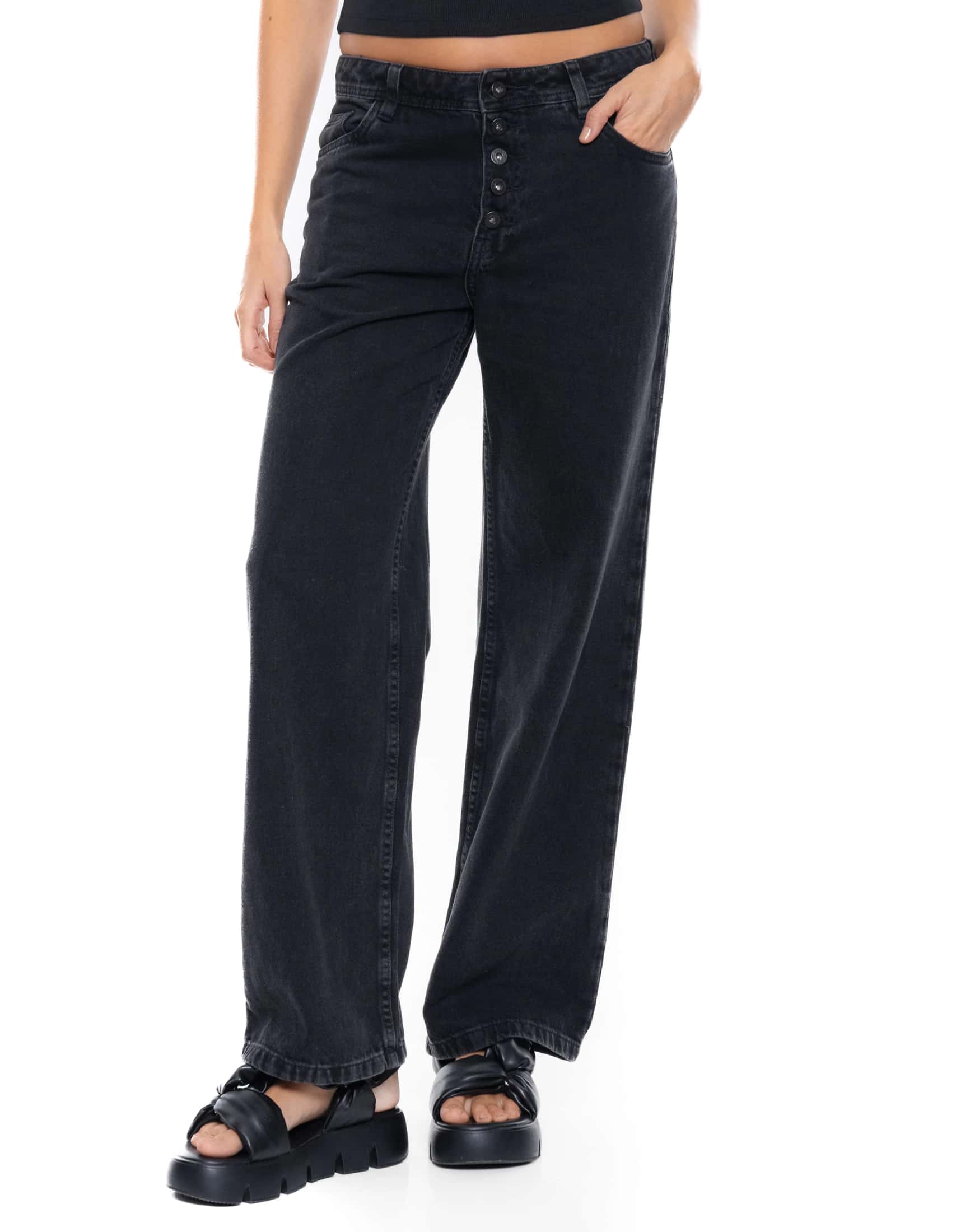 Black Denim Wide Leg Jeans Medium Waist