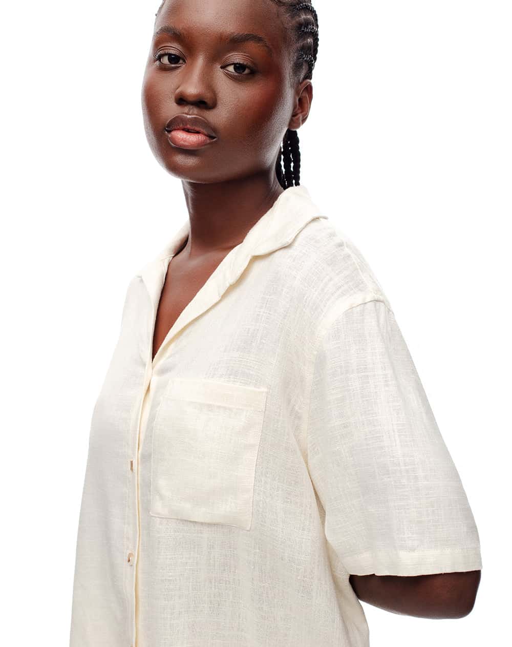 Camisa manga corta holgada lino vainilla mujer