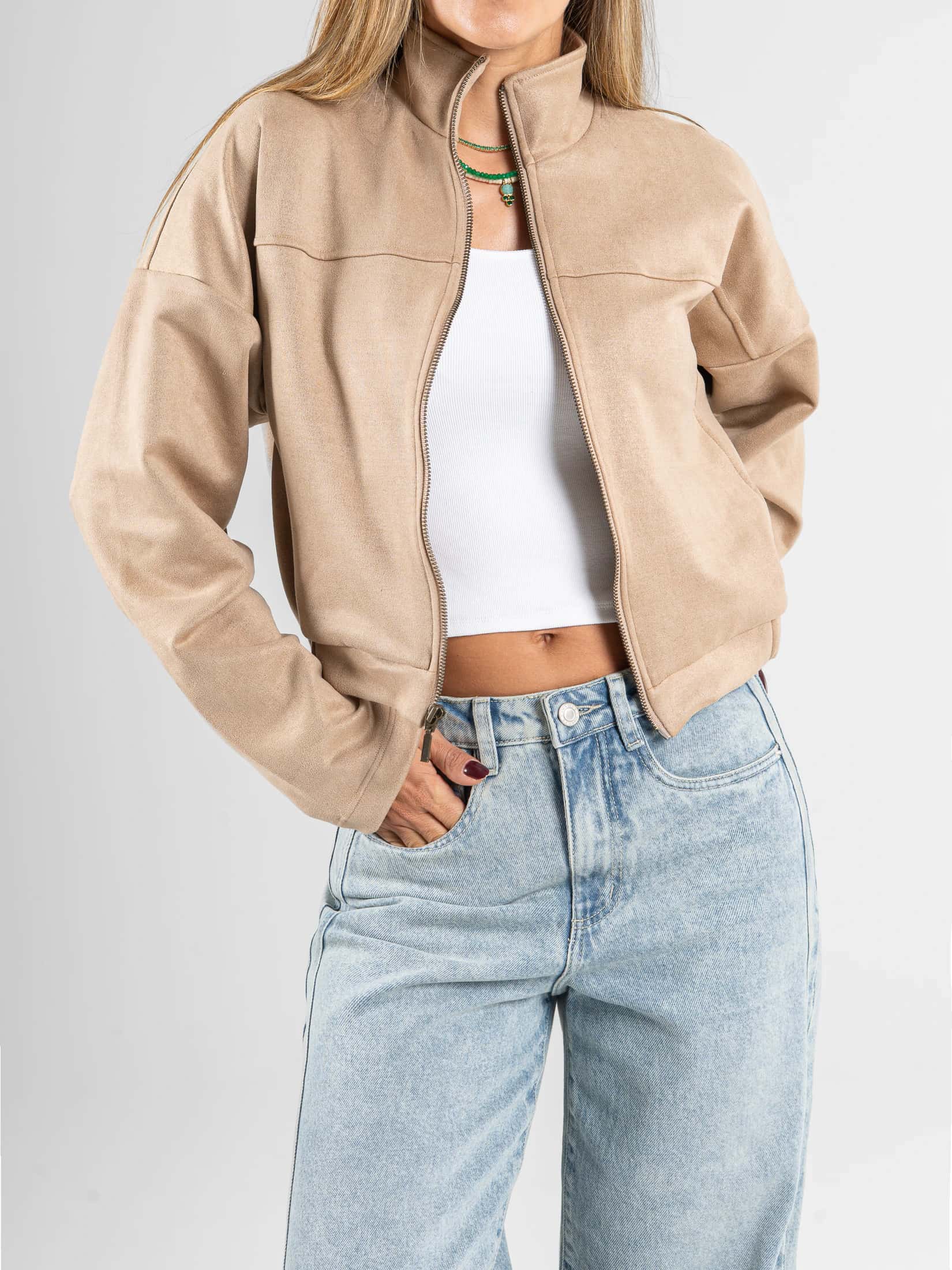 Ref: 0610687 Chaqueta efecto piel, cuello alto, con cremallera, tono camel - miniatura 3