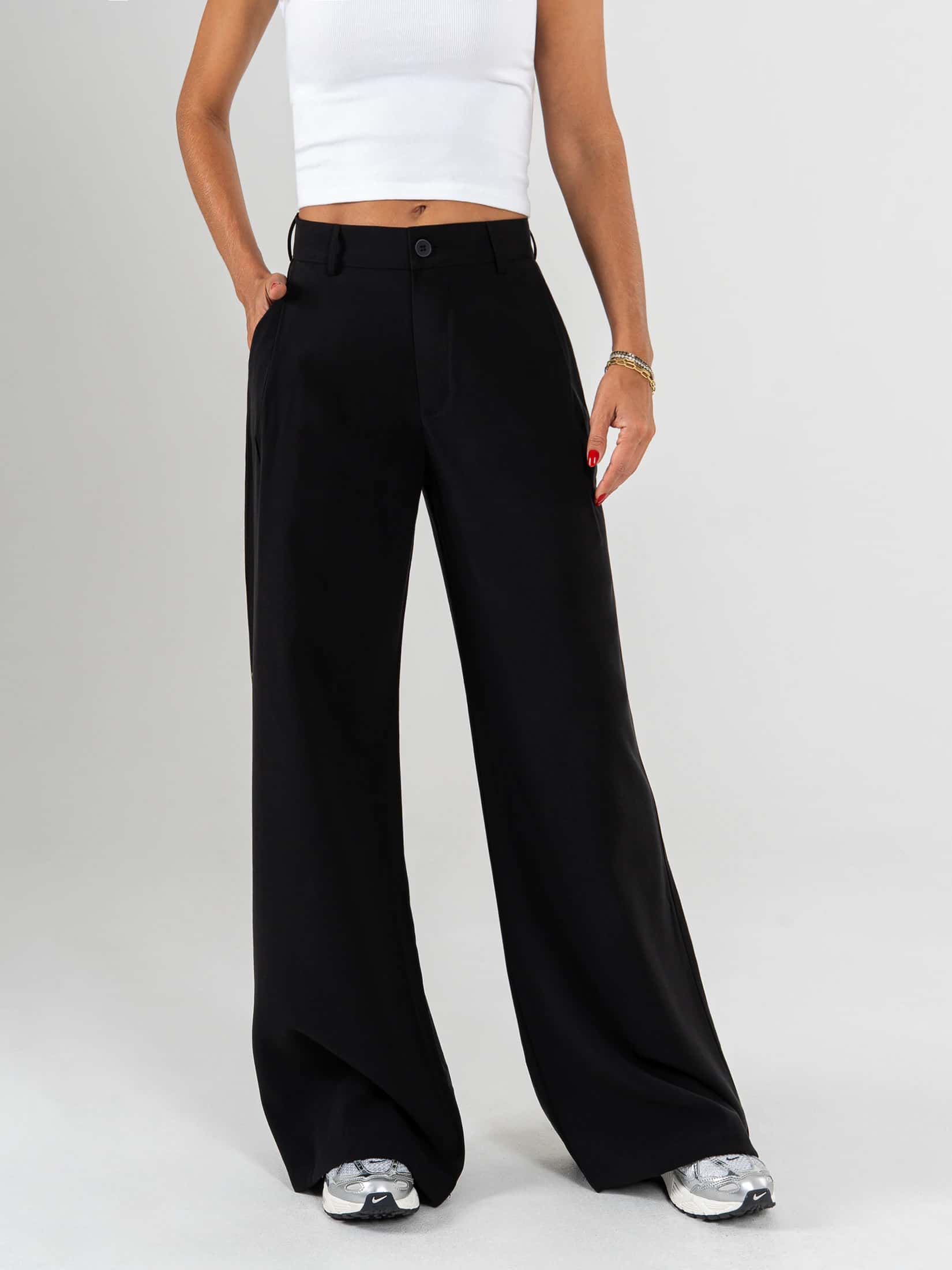 Ref: 0620092 Pantalón palazzo, prenses, tono negro, tejido plano liviano, tiro alto