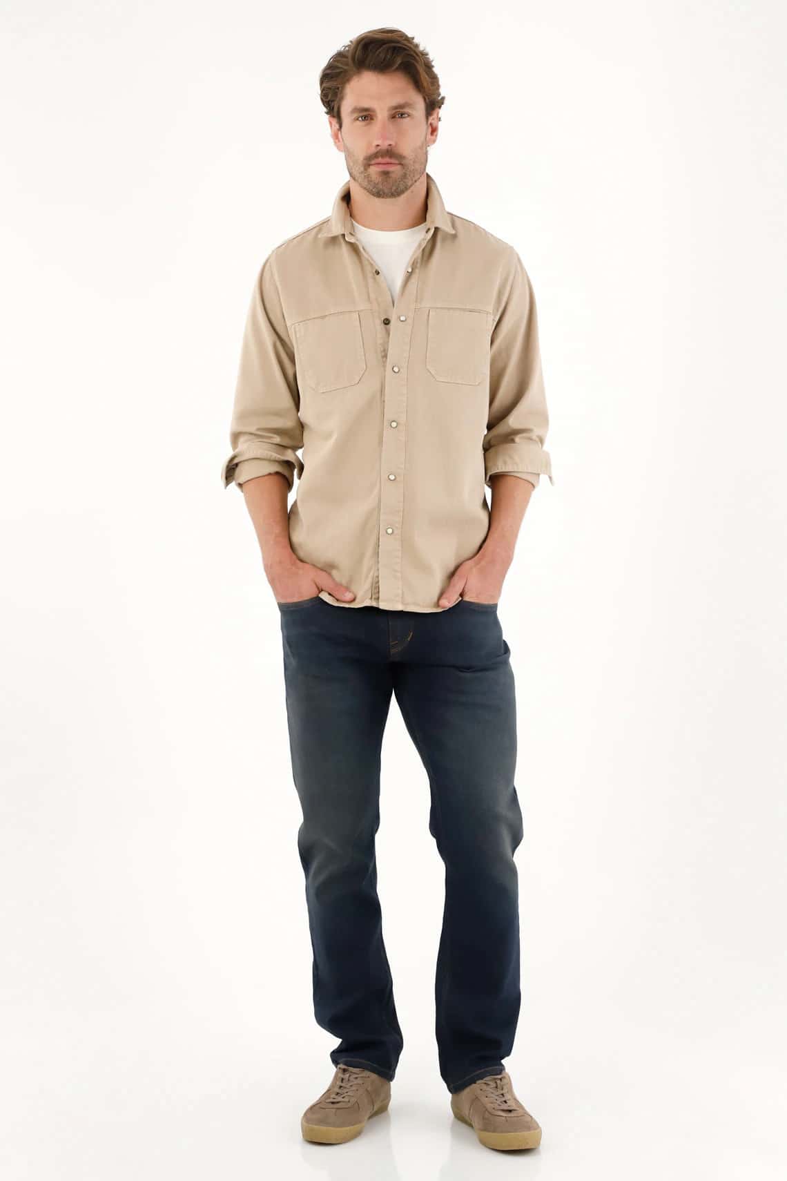 Camisa en dril liviano manga larga café para hombre