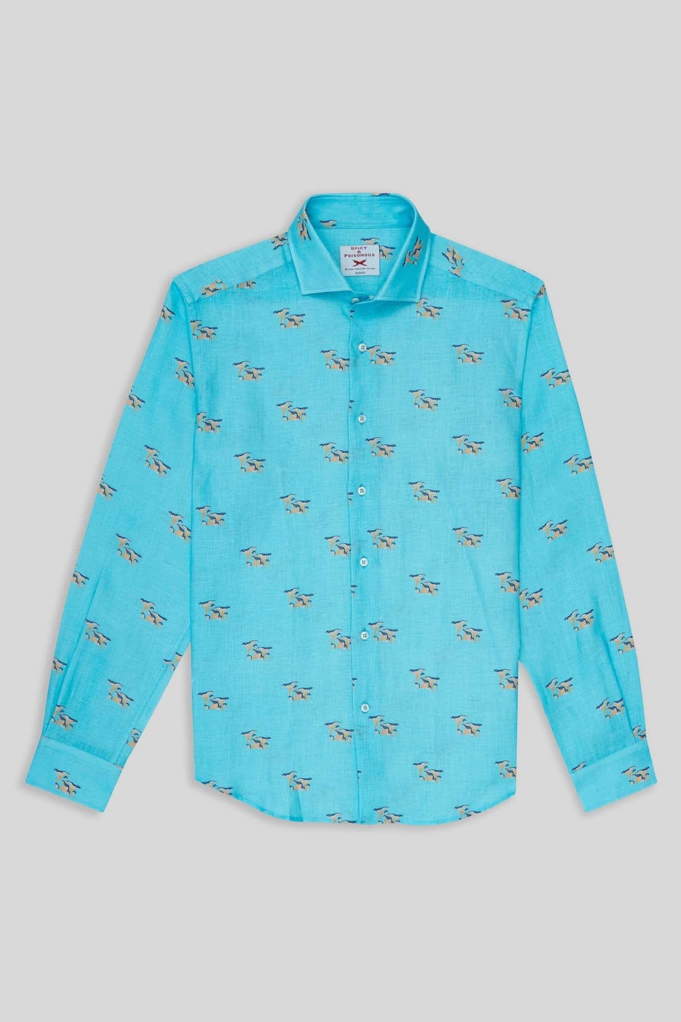 Men's linen shirt turquoise mushroom