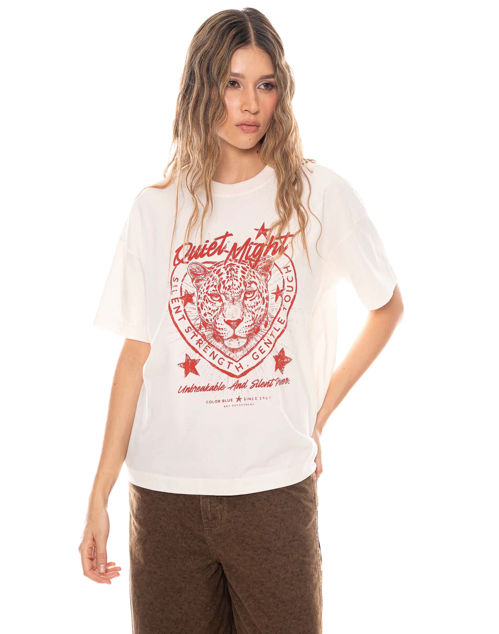 Camiseta Manga Corta Estampado Leopardo Marfil
