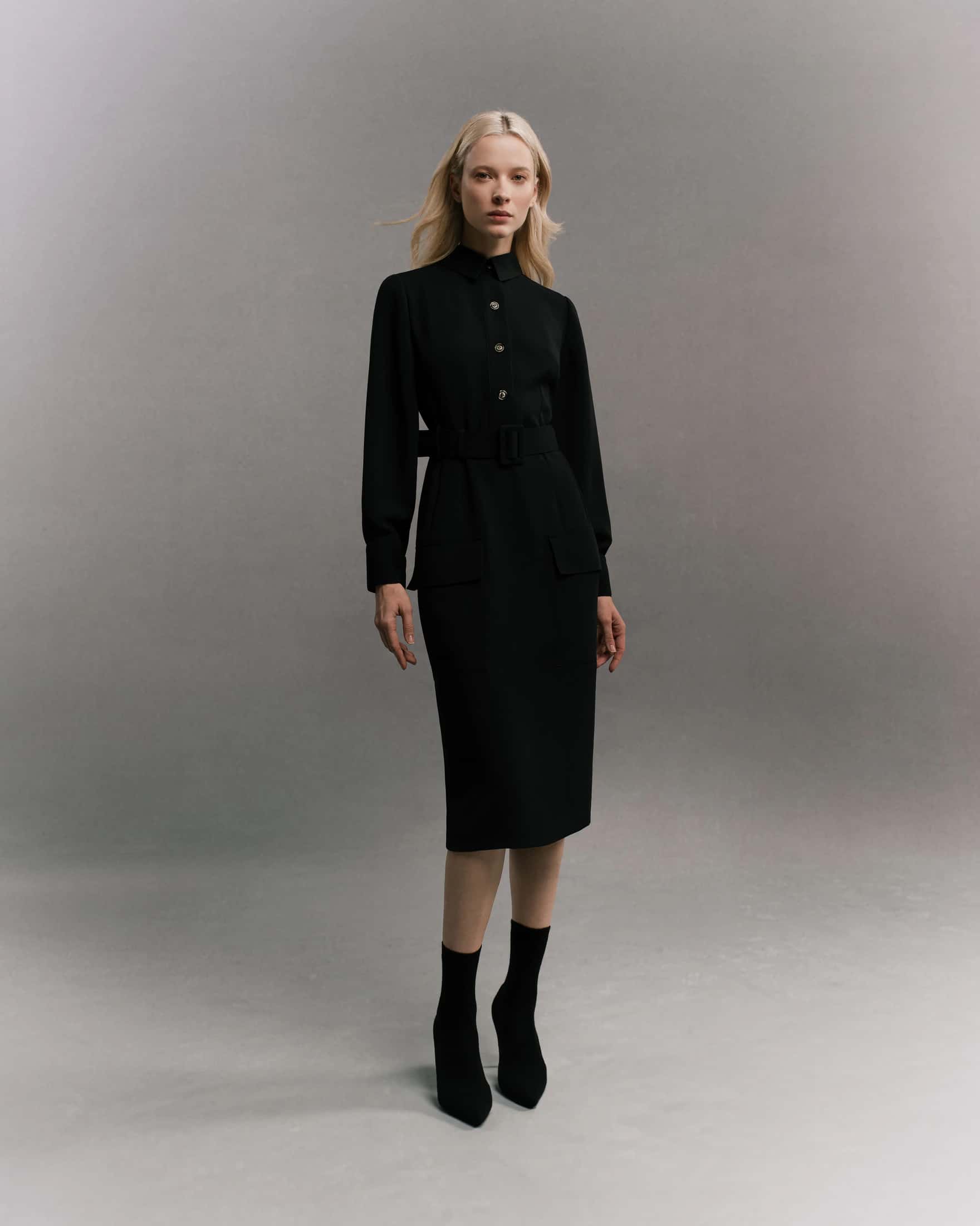 Safari-Style Long-Sleeve Fitted Midi Dress