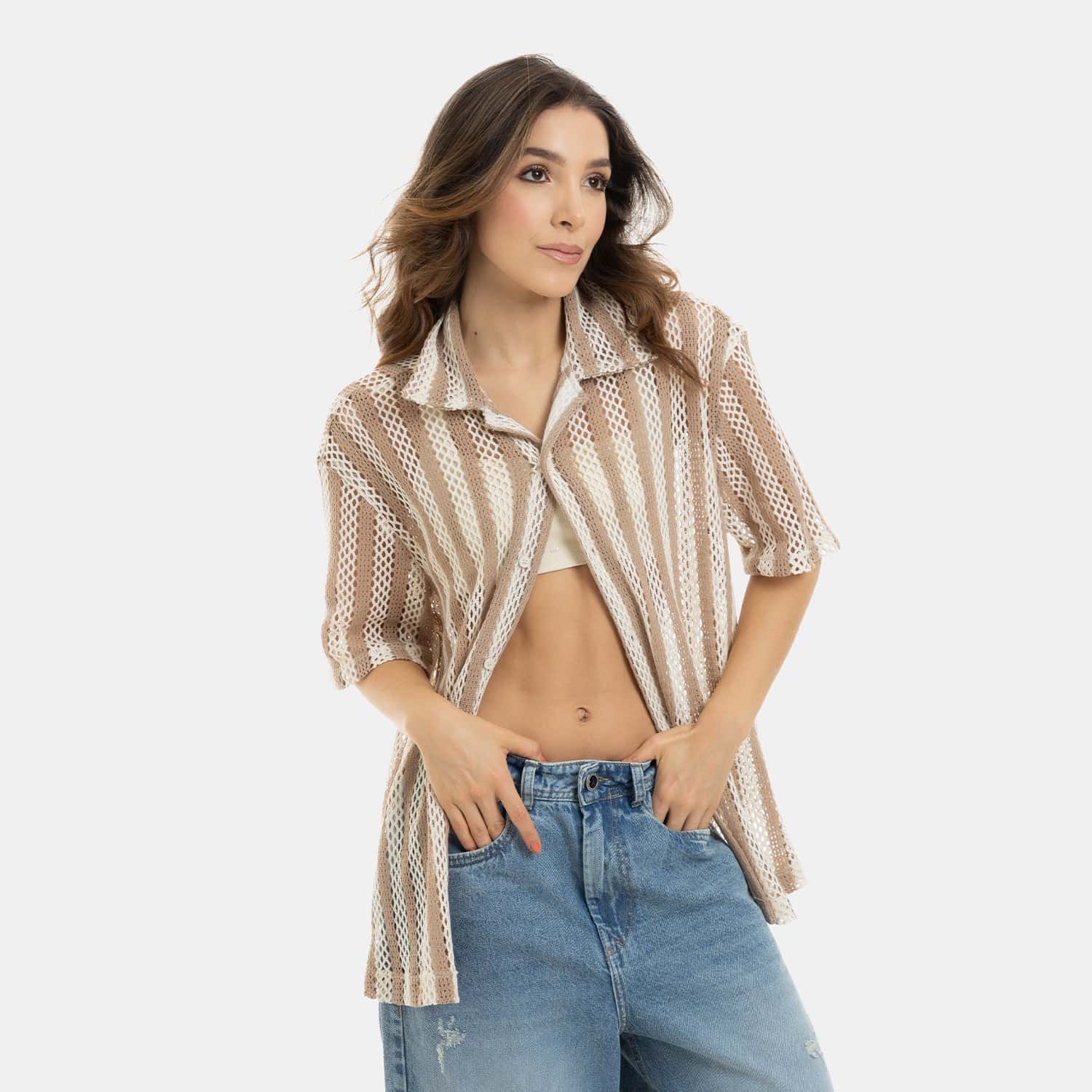 Mesh Striped Shirt Kaki