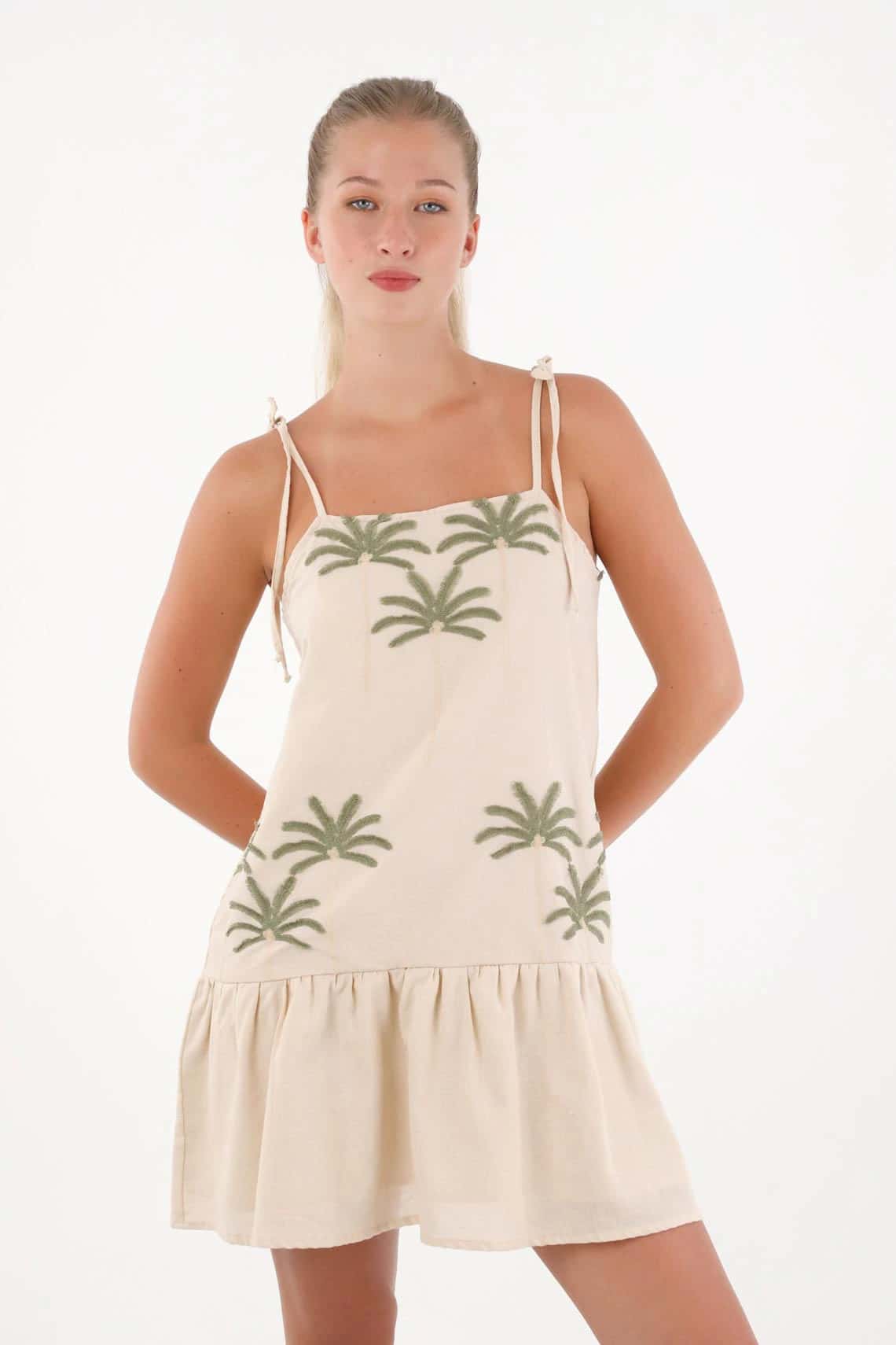 Vestido corto con bordado de palmeras para mujer