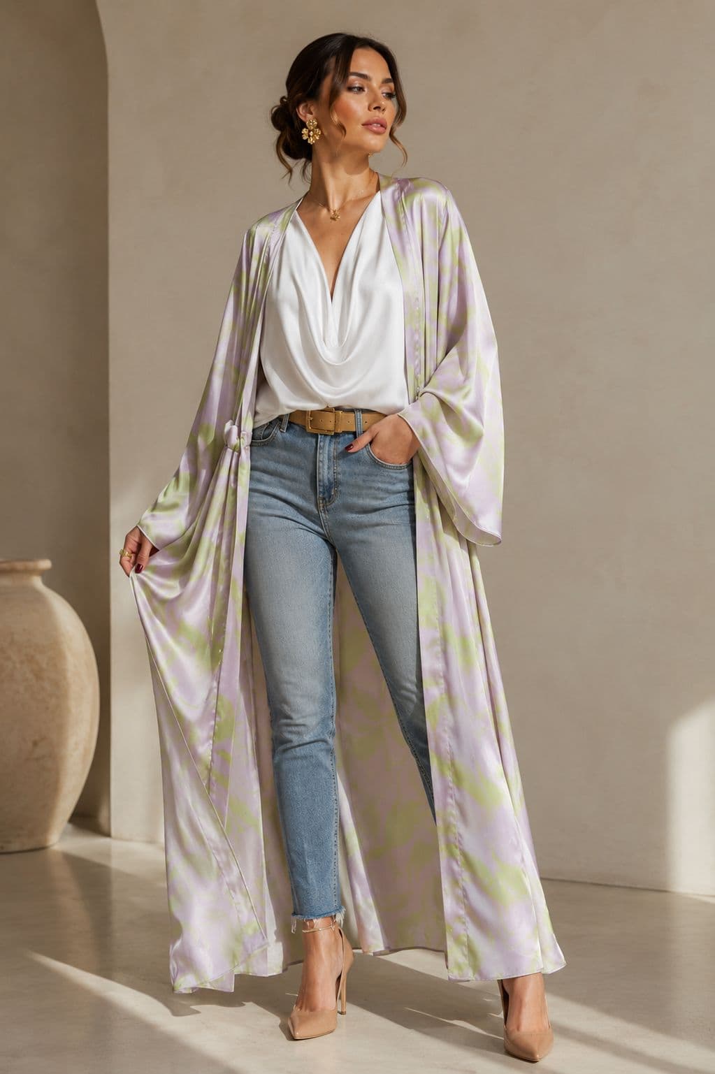 Kimono Lavanda Plumas Lila+Neon Estampado - imagen 1