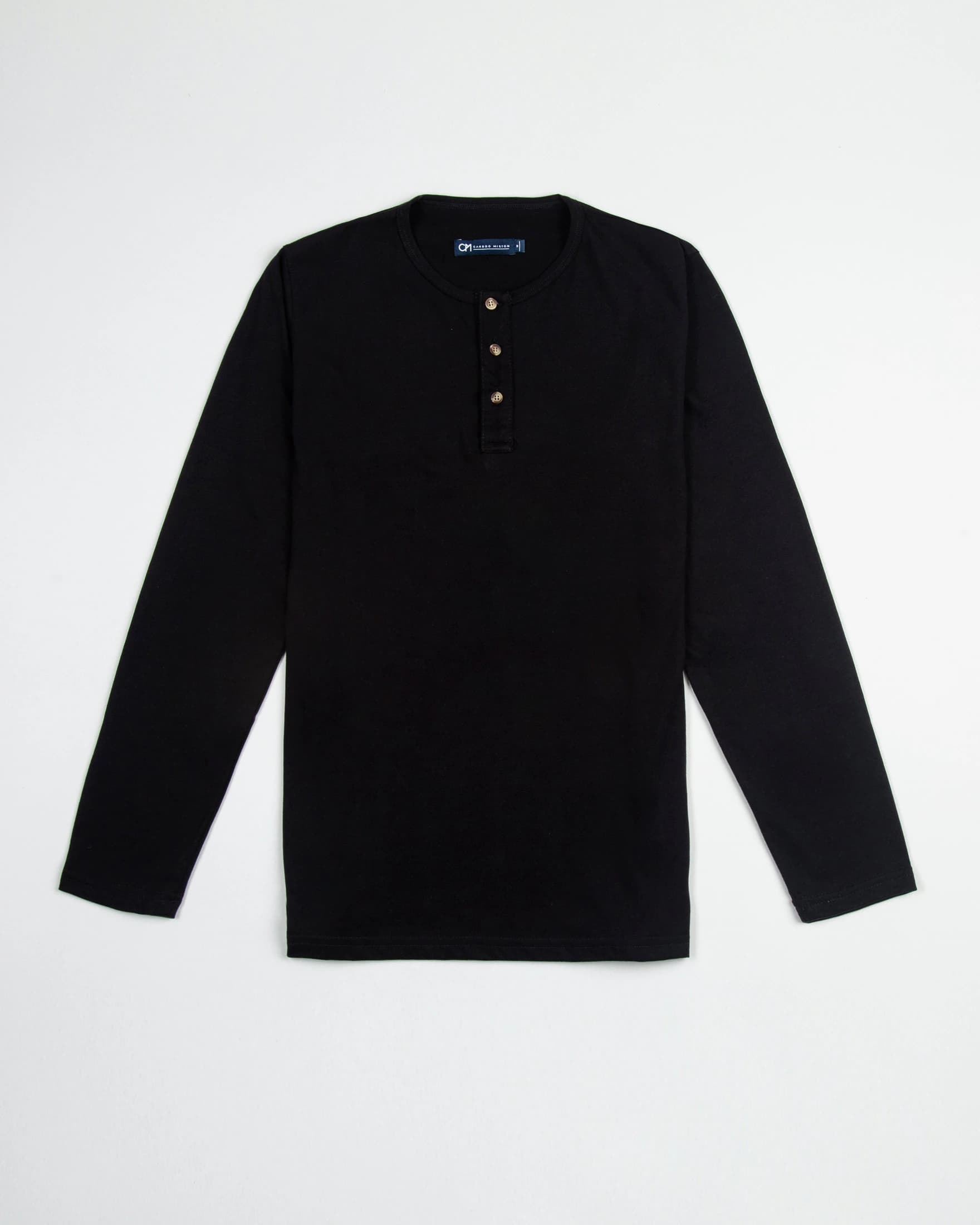 Camiseta Henley Manga Larga Algodón Negro