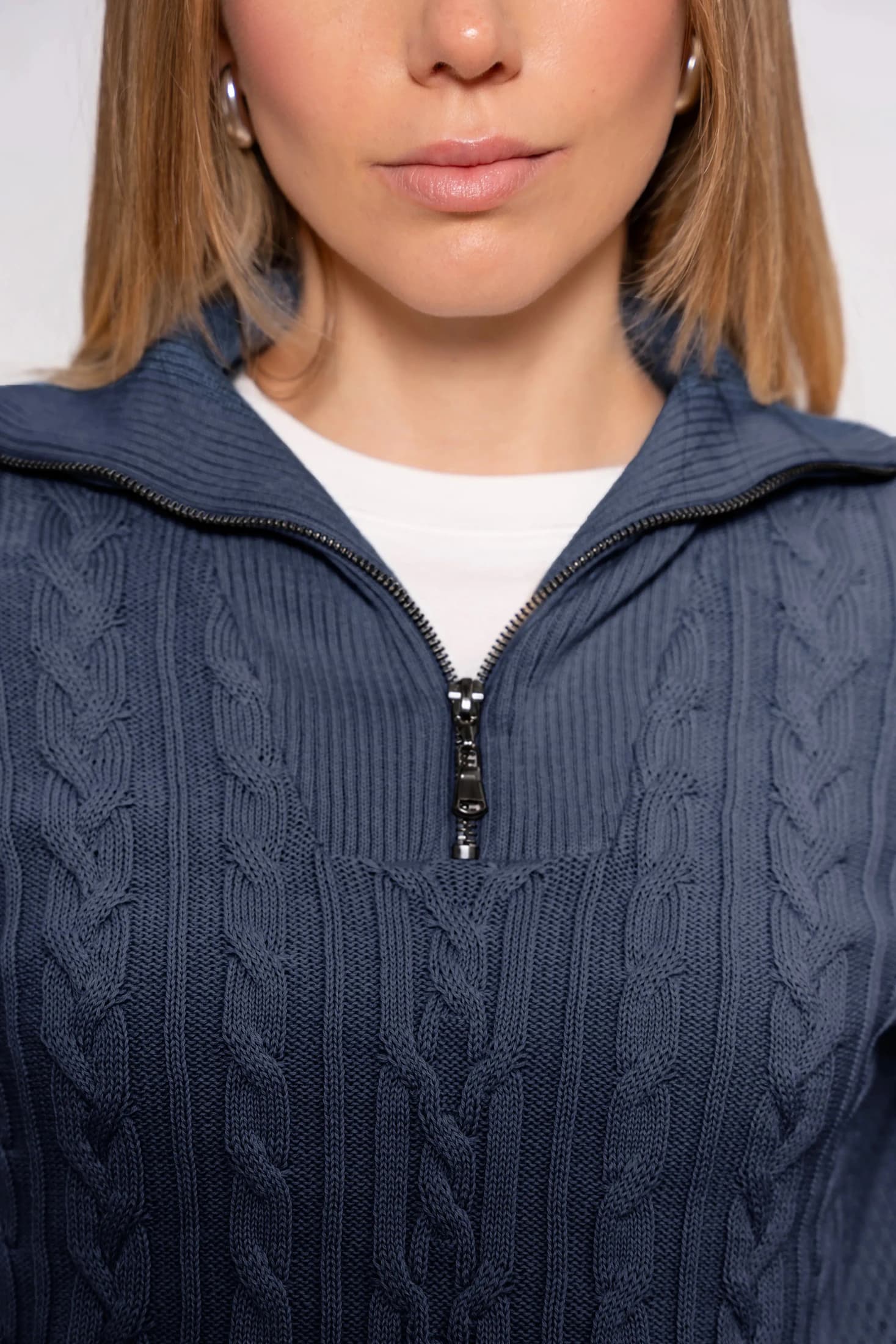 Suéter Halfzip Trenzado Algodón Mujer Azul Navy - imagen 4