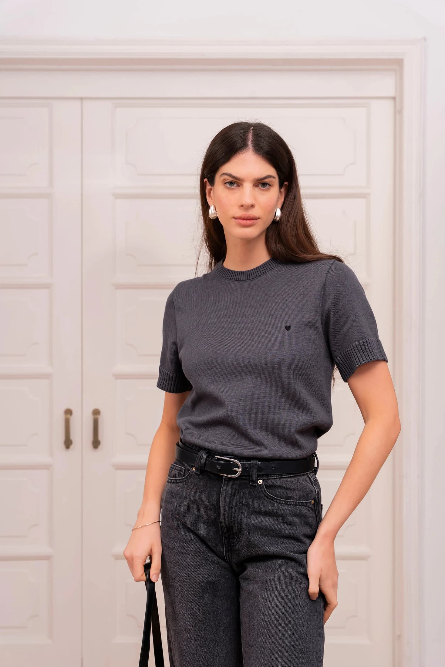 Camiseta Heart Tejida Mujer Gris Oscuro - imagen 1