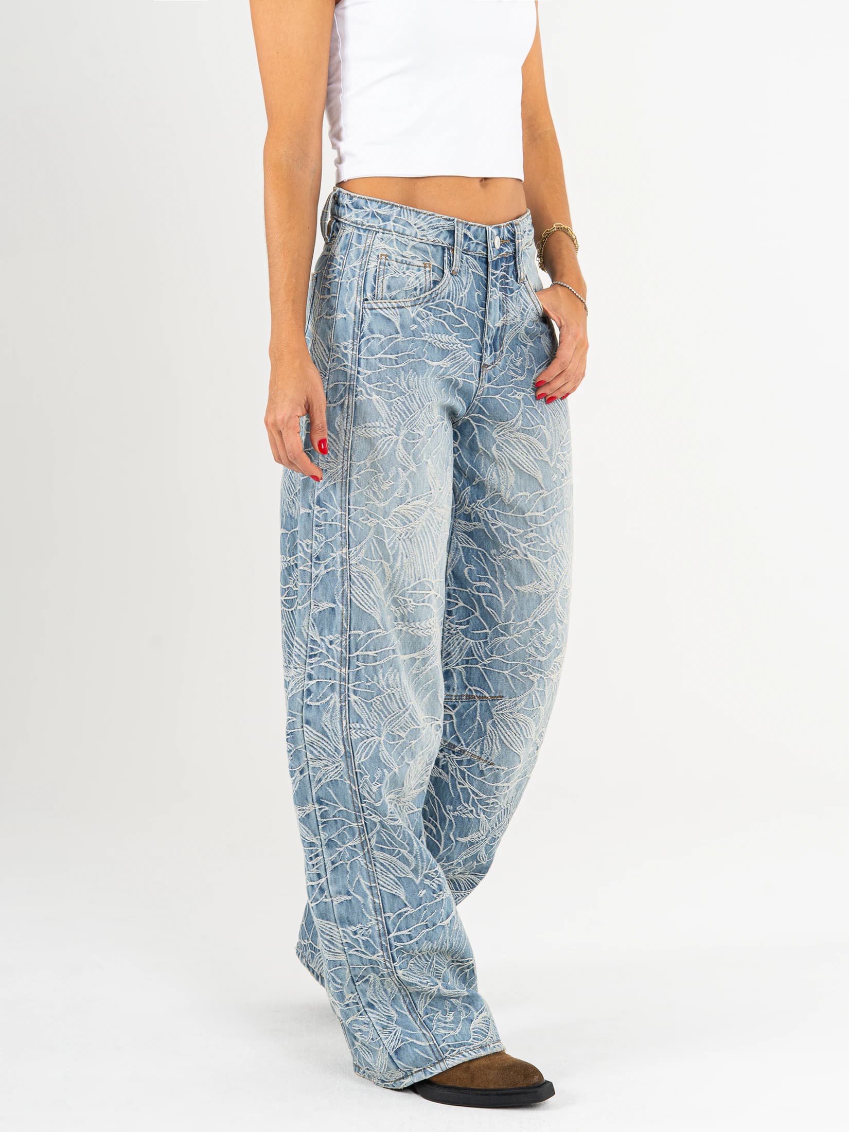 Ref: 066598 Jean wide leg, tiro alto, detalle de tela bordada, rígido, tono azul medio - imagen 4