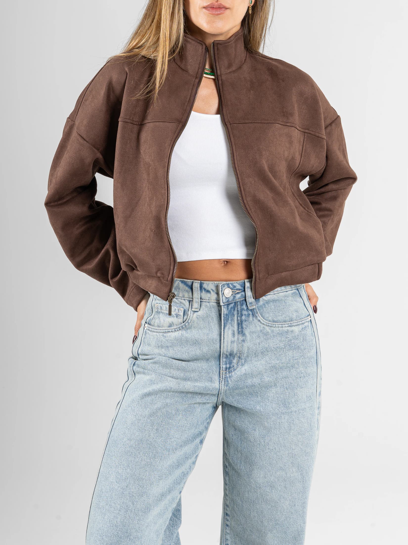 Ref: 0610688 Chaqueta efecto piel, cuello alto, con cremallera, tono cafe - imagen 4
