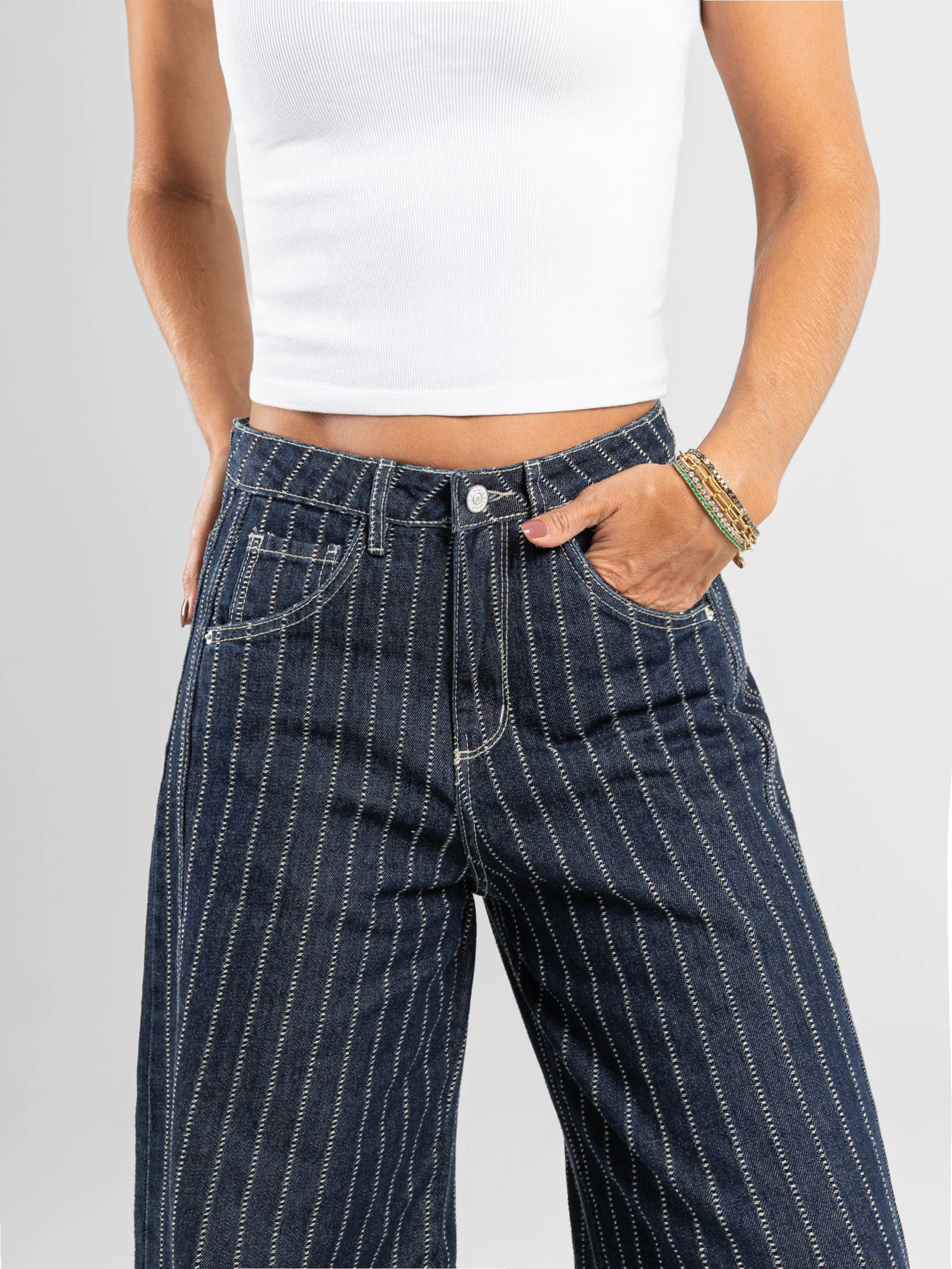 Ref: 066479 Jean wide leg, rígido, tiro alto, rayas, tono azul oscuro - imagen 2