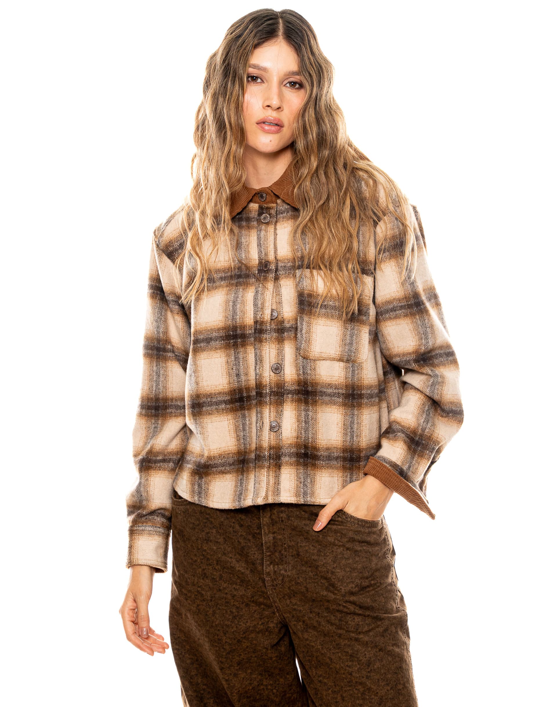 Camisa Manga Larga Cuadros Café Tacto Soft