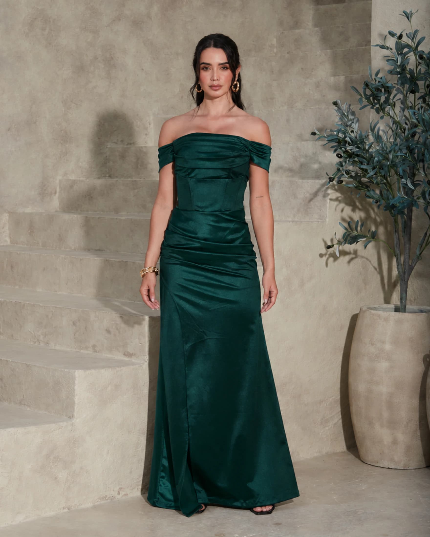 Vestido Largo Escote Bandeja con Corset - imagen 1