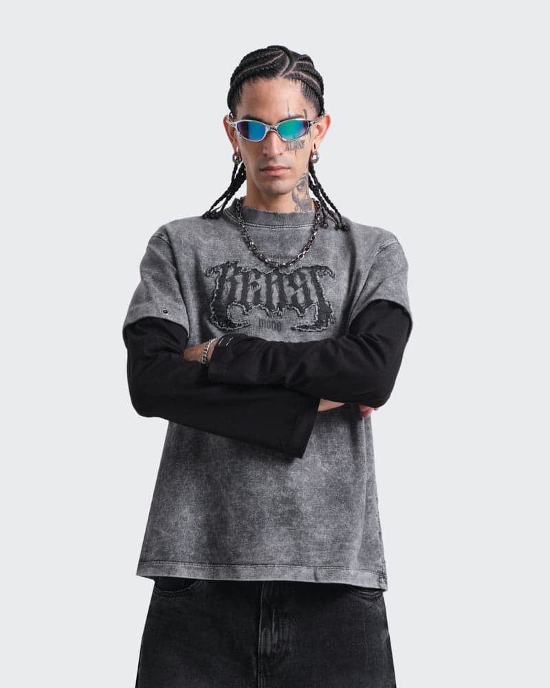 Camiseta Gris Oversize Doble Manga Raw - imagen 1