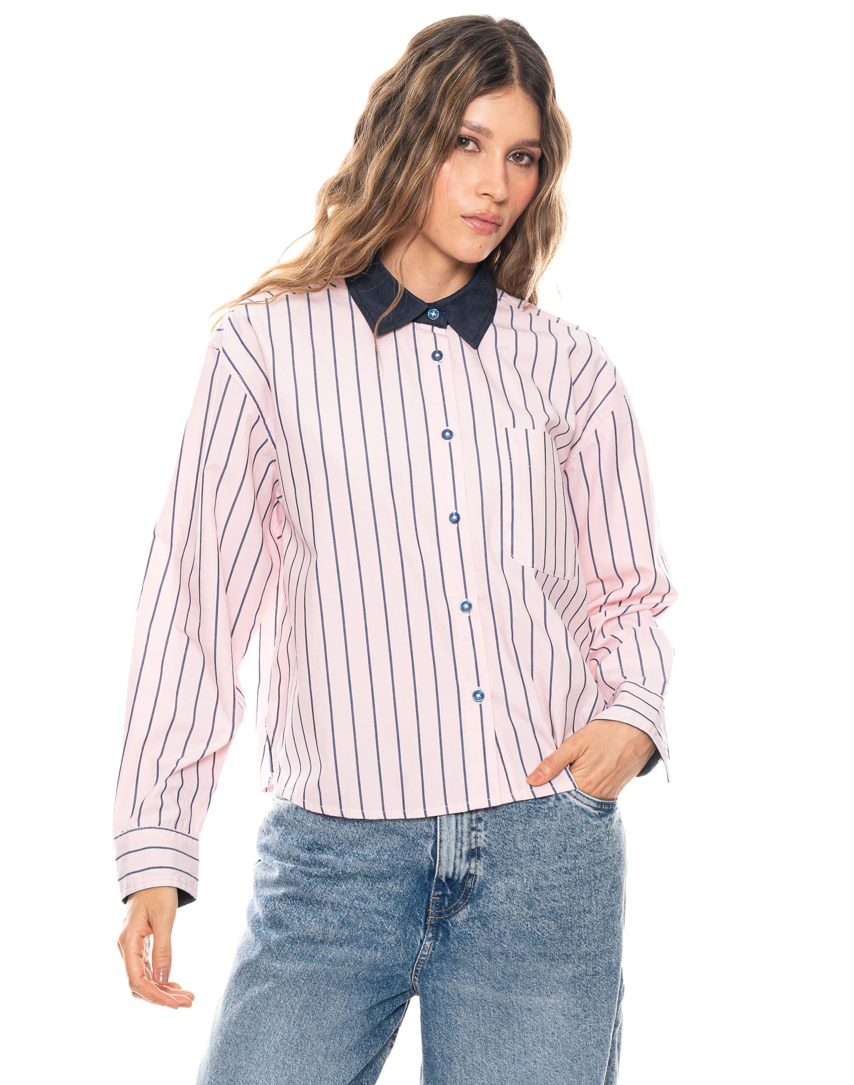 Camisa Manga Larga Rayas Rosadas Cuello Contraste Azul