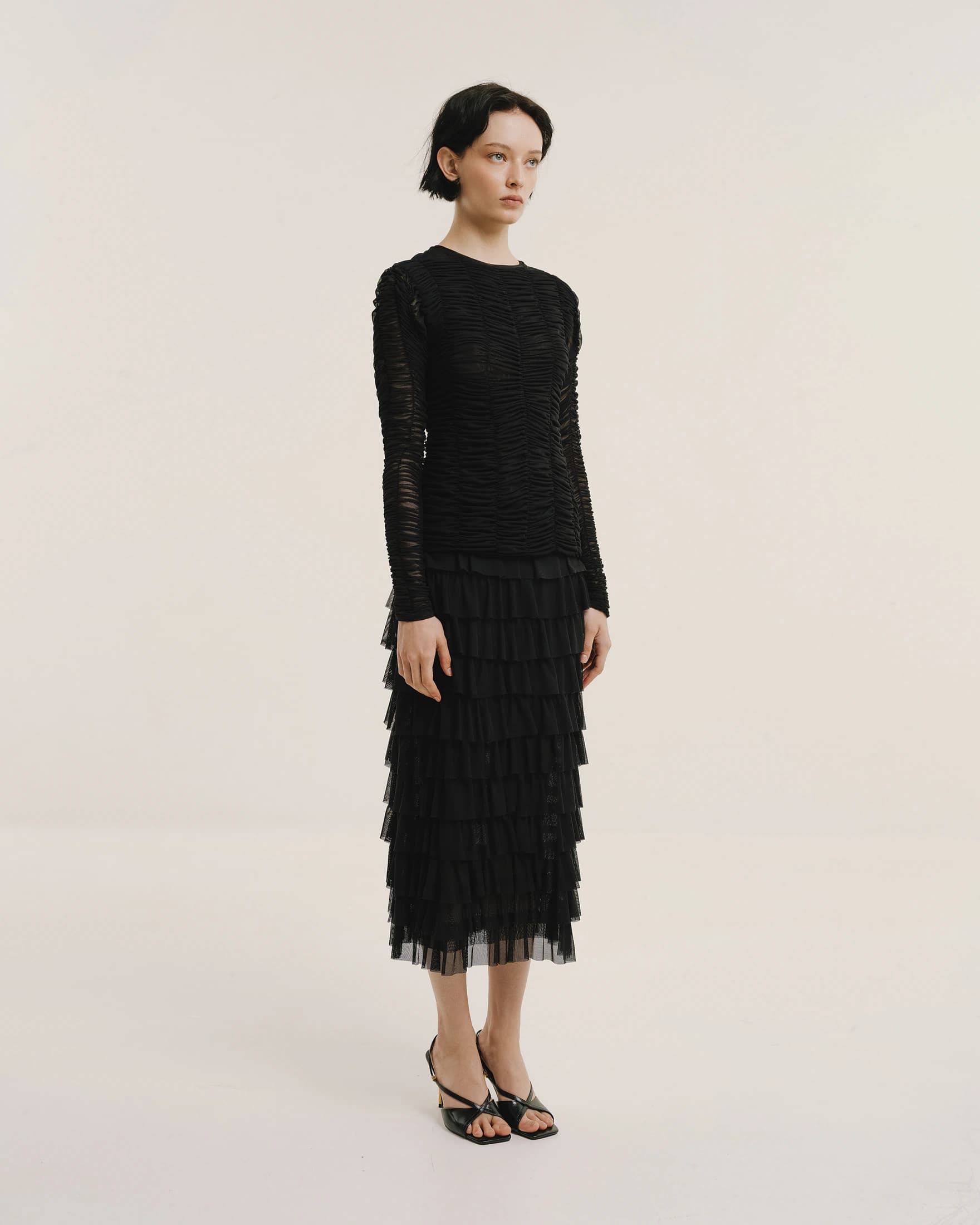 Ruched Tulle Round-Neck Top