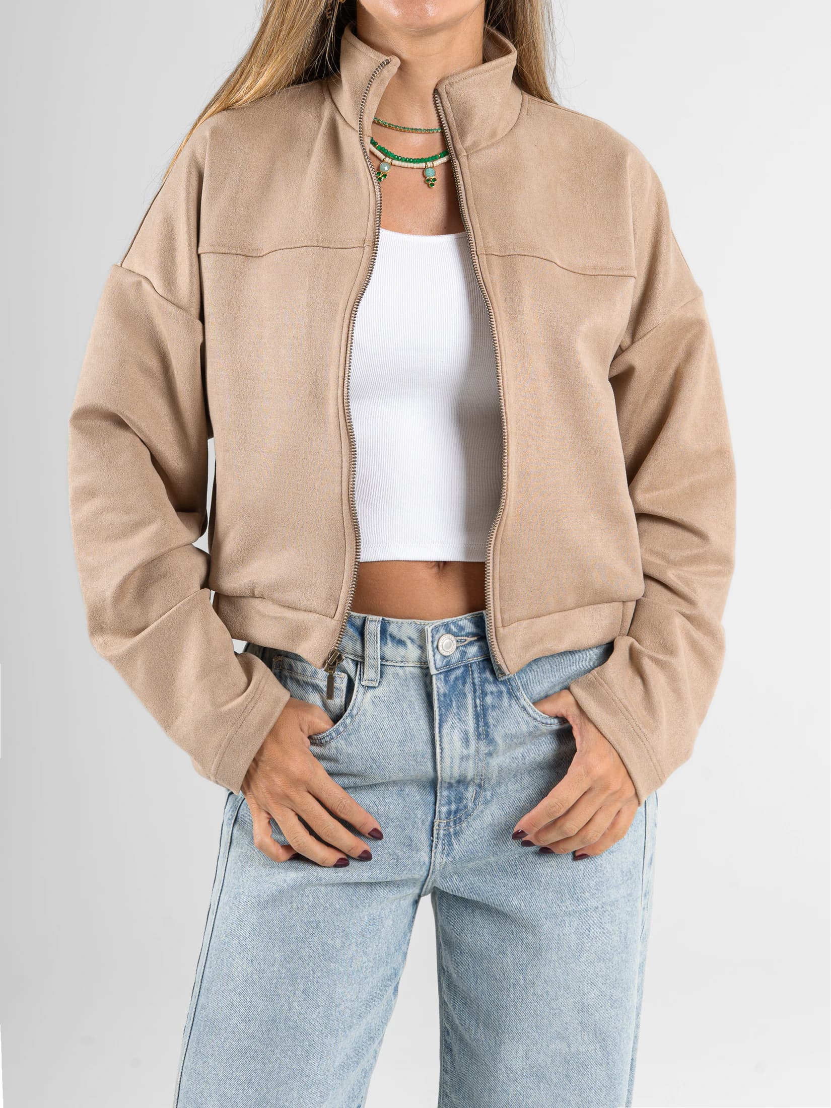 Ref: 0610687 Chaqueta efecto piel, cuello alto, con cremallera, tono camel - imagen 2