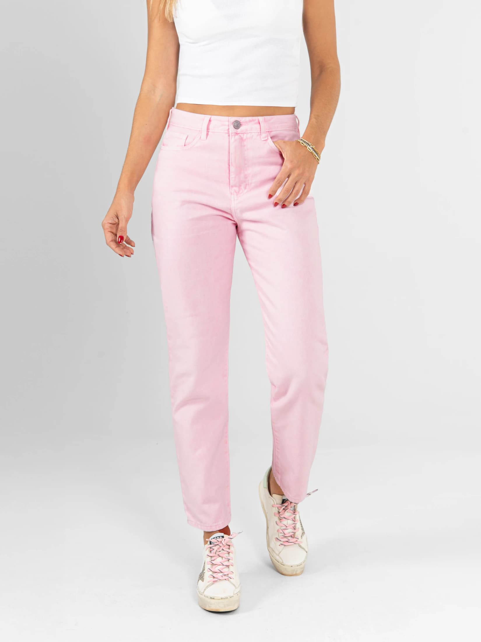 Ref: 0620591 Pantalón mom fit, tiro alto, stretch, tono rosa. - imagen 1